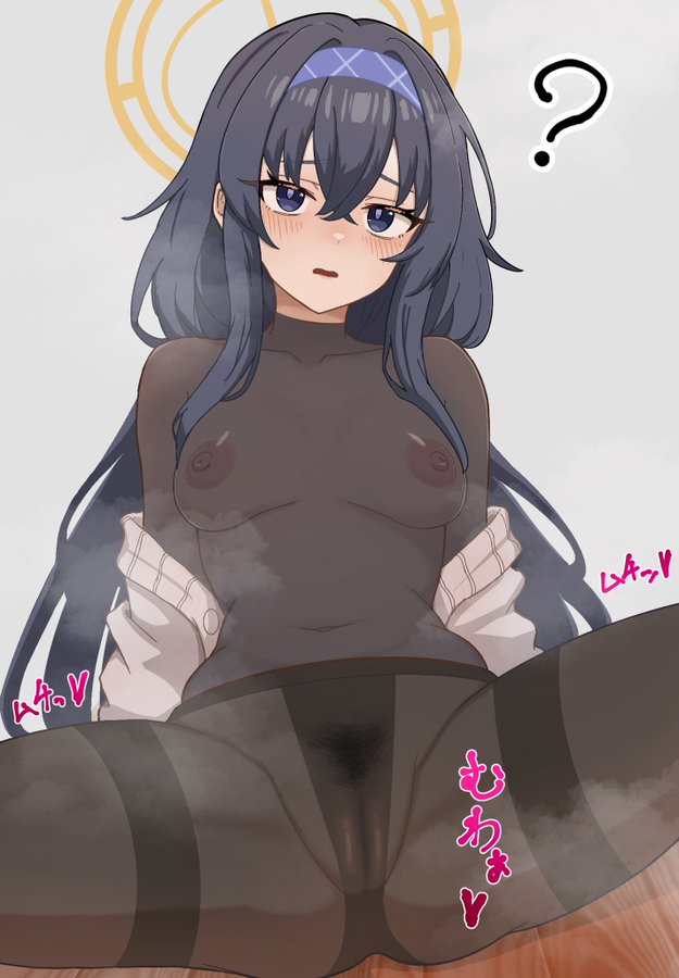 ?, 1girls, blue archive, blue eyes, blue hair, breasts, female, female only, halo, library committee (blue archive), light skin, light-skinned female, mifi, nipples, pantyhose, pubic hair, small breasts, solo, trinity general school student, ui (blue archive)