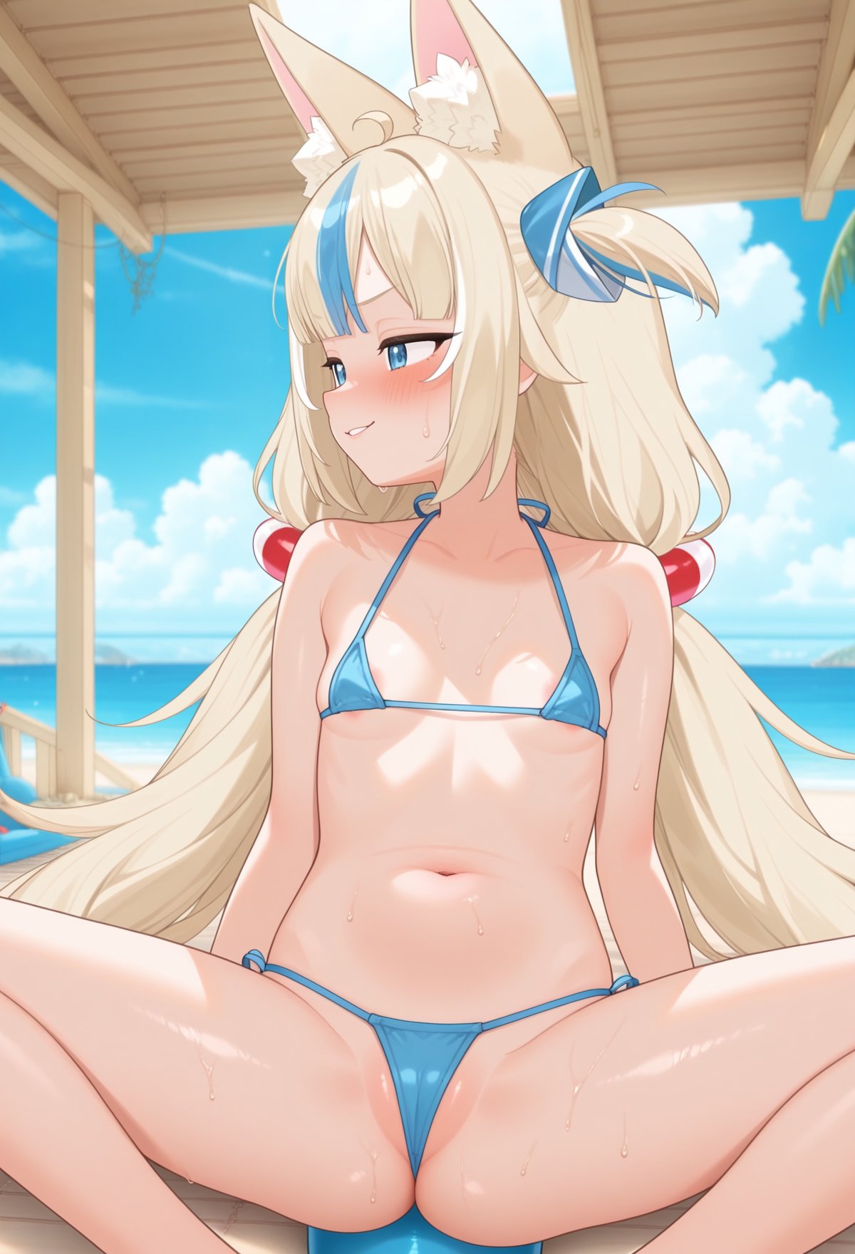 ai generated, bare thighs, beach, bikini, blonde hair, blue eyes, blush, breasts, cat ears, catfish, curvaceous, curvy female, female, huge thighs, indie virtual youtuber, light skin, light-skinned female, long hair, mechakimochi, micro bikini, multicolored hair, sameko saba, small breasts, smiling, solo female, squatting, sweat, sweatdrop, thick thighs, thighs, twintails, virtual youtuber, voluptuous, voluptuous female