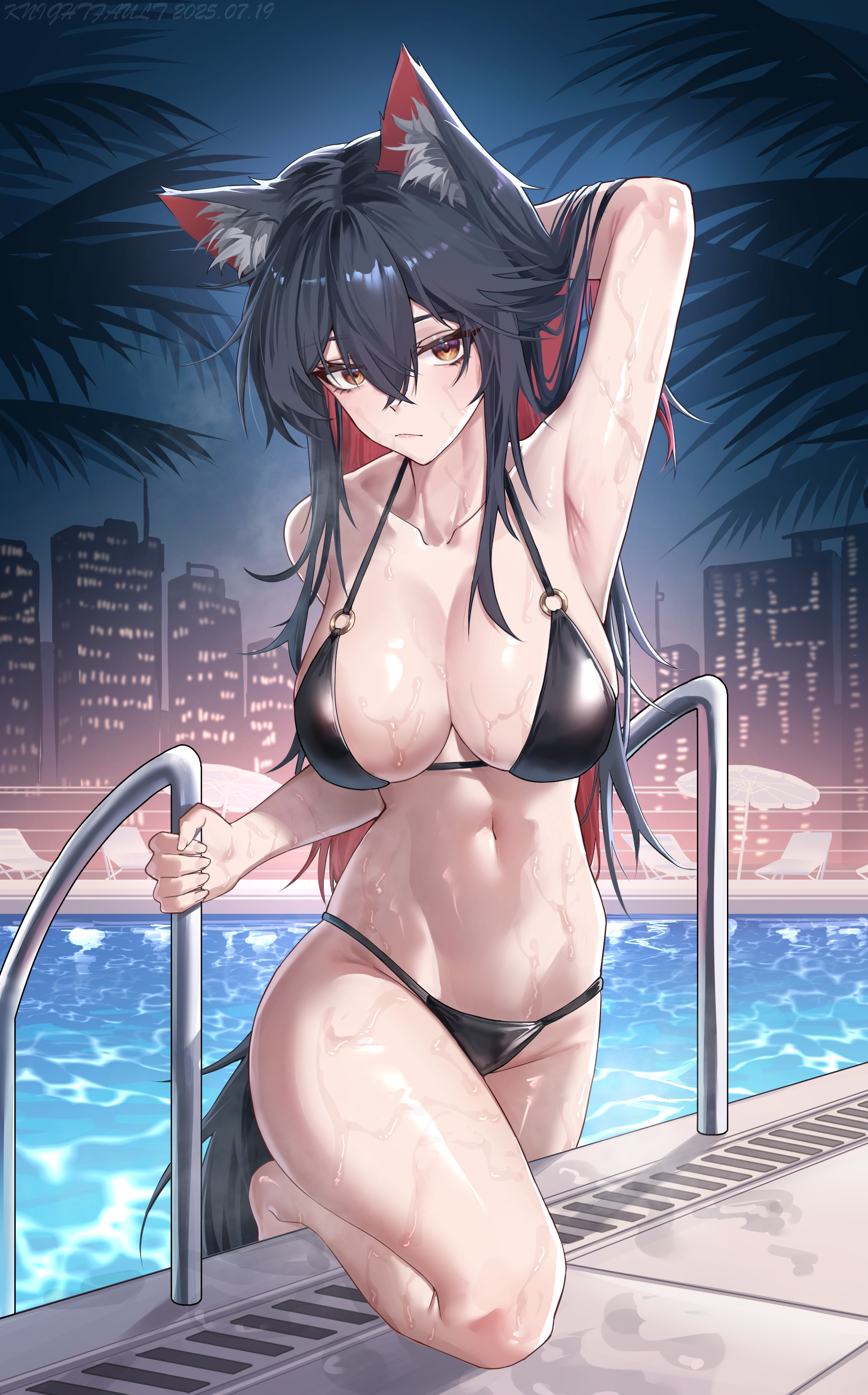 1girls, 2025, abs, animal ear fluff, animal ears, arknights, armpits, arms up, big breasts, bikini, black hair, breasts, female, hi res, kemonomimi, knightfault, looking at viewer, pool, pose, solo, swimsuit, swimwear, texas (arknights), wet, wolf ears, wolf girl, wolf tail, yellow eyes