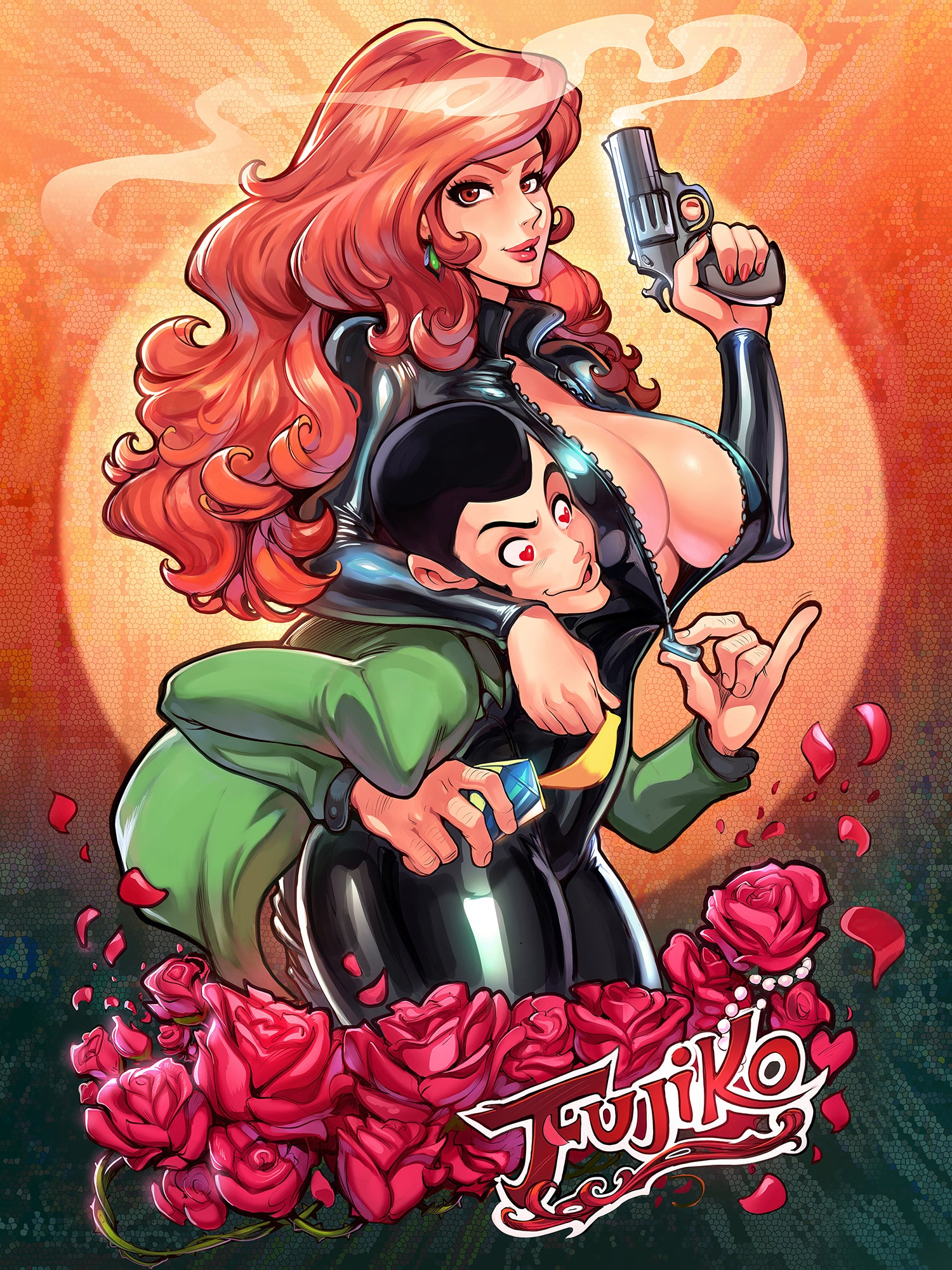 arsene lupin iii, breasts, cleavage, clothing, female, firearm, gun, handgun, huge breasts, human, lupin iii, mine fujiko, pale skin, red hair, reiq, revolver, unzipped bodysuit, weapon