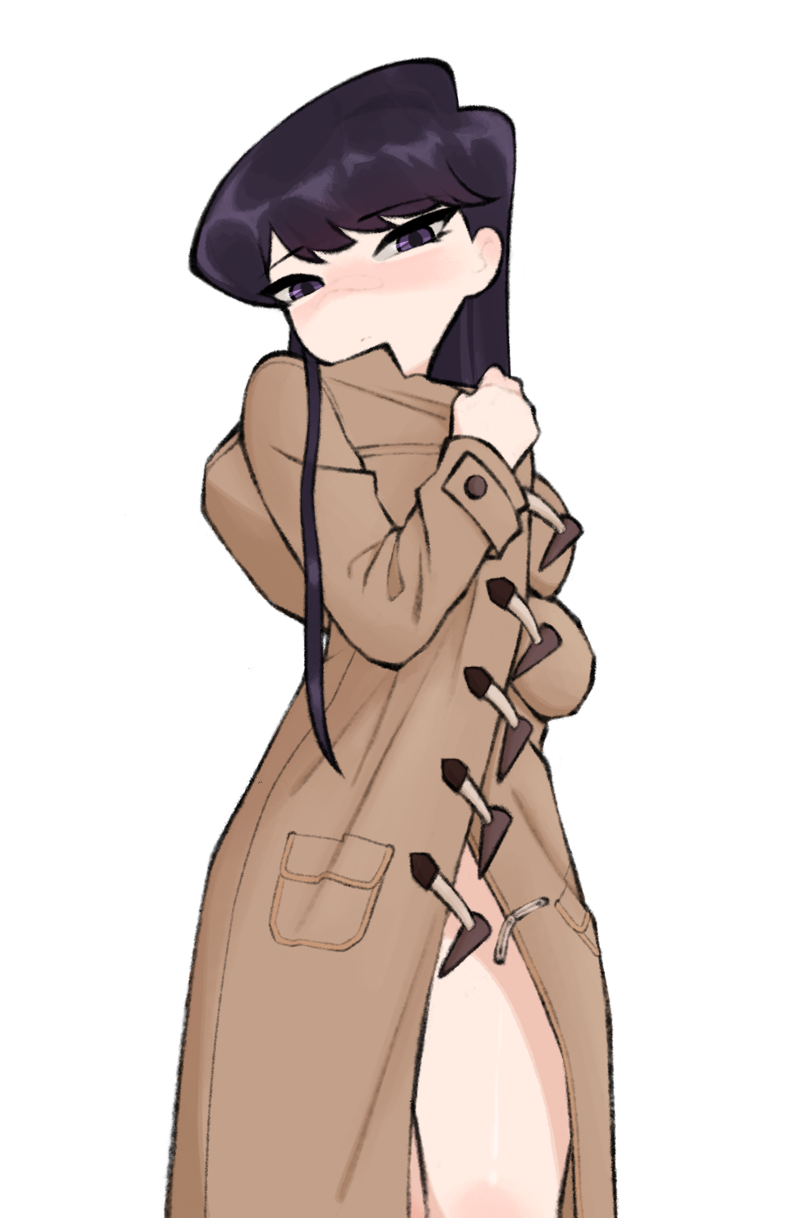 blush, gurumo, komi can't communicate, komi shouko, komi-san wa komyushou desu, looking at viewer, purple eyes, trenchcoat