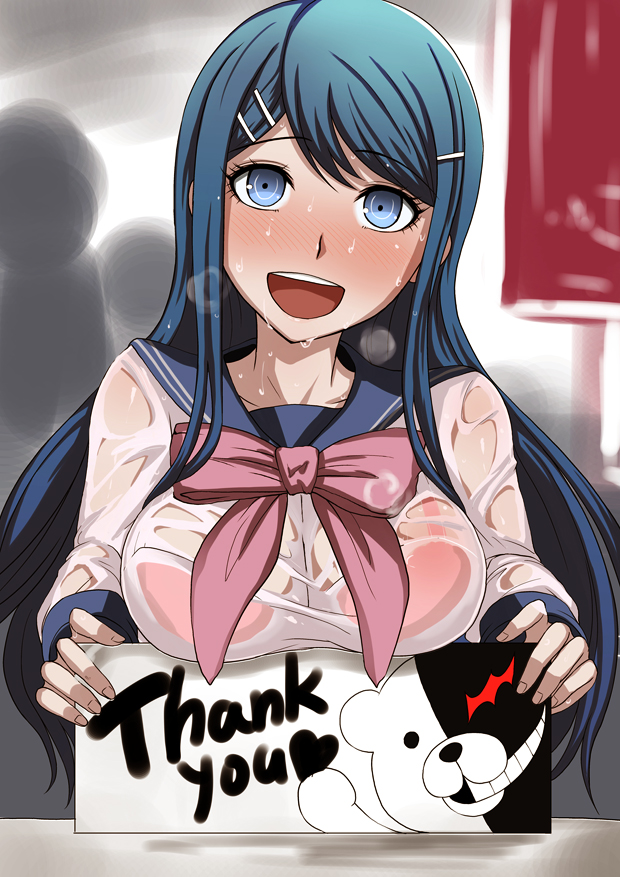 big breasts, blue eyes, blue hair, blush, breasts, danganronpa, danganronpa 1, female, female only, long hair, looking at viewer, maizono sayaka, open mouth, school uniform, see-through, straight hair, sweat, transparent clothing, visible breath