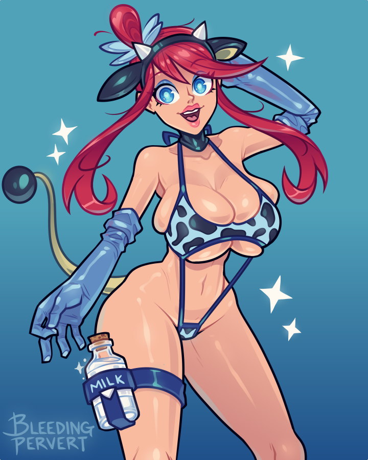 1girls animal_ears arm_behind_head big_breasts bikini bleedingpervert blue_eyes cow_bikini cow_ears cow_horns cow_print cow_print_bikini cowkini elbow_gloves gloves halterneck holster huge_breasts lipstick looking_at_viewer milk milk_bottle nintendo one_arm_up pokemon red_hair shiny_skin skyla_(pokemon) smile smiling smiling_at_viewer squished_breasts swimsuit tail thighs wide_hips