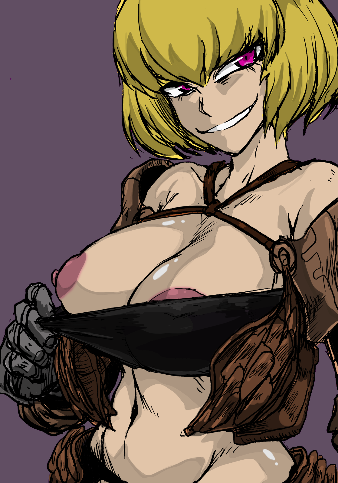 big breasts, blonde hair, breasts, clementine (overlord), colored, colorized, female, midriff, nipples, overlord (maruyama), peeping, pink eyes, simple background, smile
