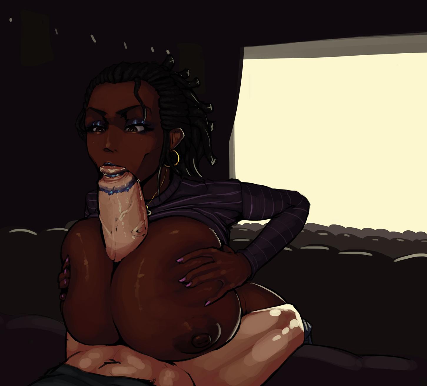 1boy, 1girls, areolae, big penis, boxman, breasts, dark skin, dark-skinned female, fellatio, female, foolymagooly, gigantic breasts, huge breasts, huge cock, huge penis, jasmine king, light skin, light-skinned male, lipstick, lipstick mark, lipstick on penis, lipstick ring, male, male pov, movie theater, nipples, oral, paizuri, partial male, penis, pov, small but hung, solo focus, straight