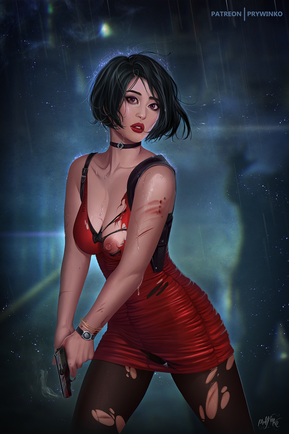 1girls, ada wong, ada wong (adriana), areolae, asian, breasts, female, female only, looking at viewer, nipples, pantyhose, prywinko, resident evil, resident evil 2, solo, torn clothes, torn pantyhose