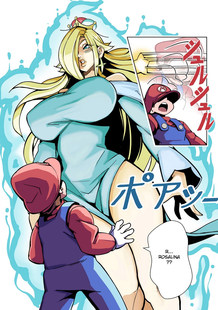 big breasts, big lips, bimbo, bimbofication, blonde hair, blue eyes, breasts, clothed, clothing, comic, duo, ear piercing, earrings, english text, erect nipples, eyelashes, female, giantess, growth, hair, human, japanese text, jewelry, large breasts, long hair, macro, male, mario, mario (series), new super mario bros. u deluxe, nintendo, nipples, nisego, open mouth, outdoors, piercing, princess rosalina, princess rosalinette, simple background, standing, super crown, super mario galaxy, thick thighs, voluptuous, white background, wide hips, young