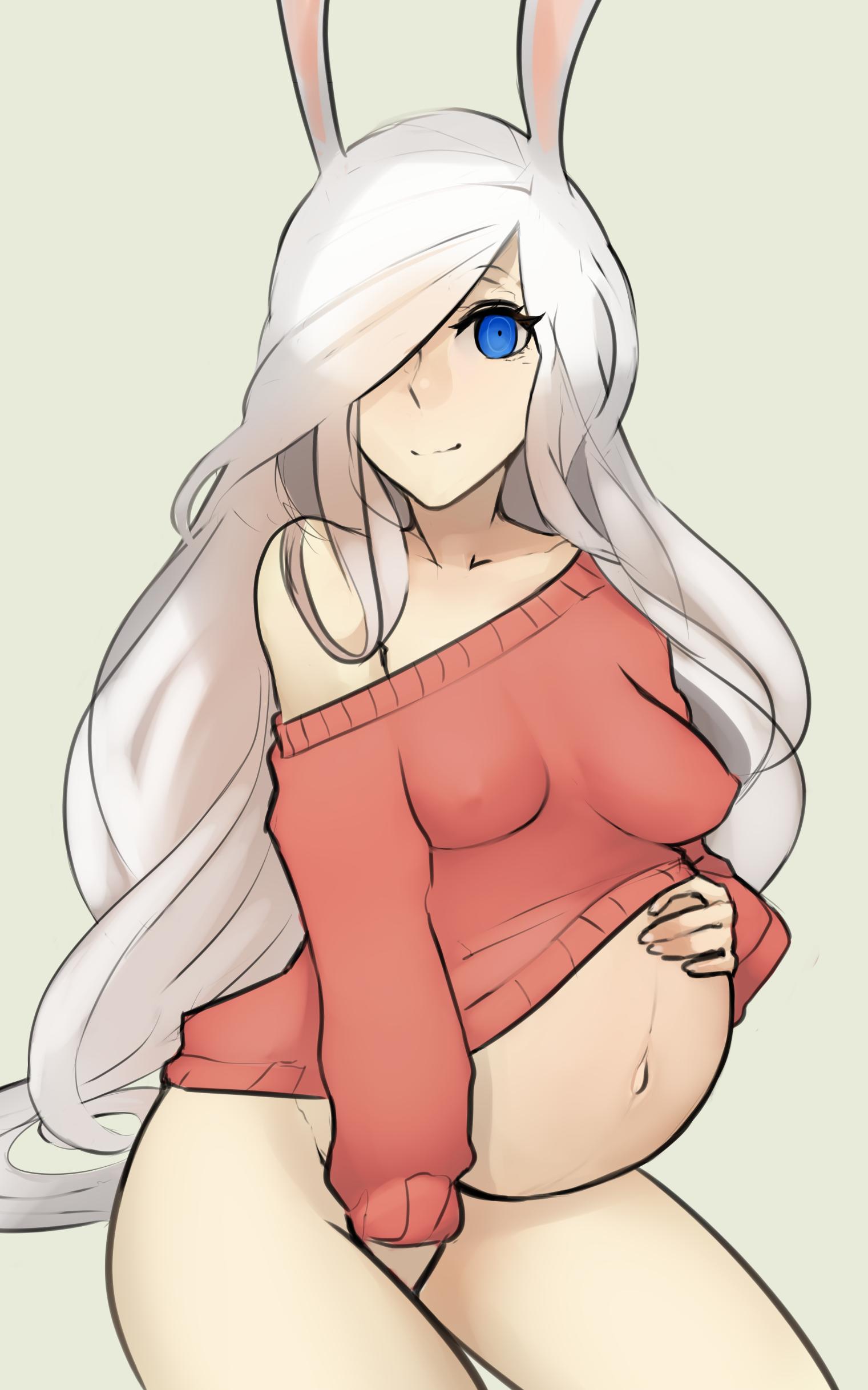 areolae, breasts, bunny ears, bunny girl, female, female only, huge belly, looking at viewer, nipples, pregnant, ready to pop, scas, solo