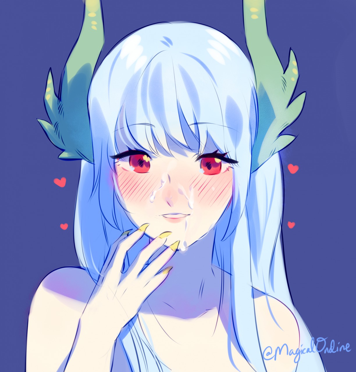 1:1 aspect ratio, 1girls, blue hair, blush, cum, cum on face, dragon, facial, female, fingernails, fire emblem, fire emblem: the blazing blade, heart, high resolution, horns, long fingernails, looking at viewer, magical ondine, nail polish, ninian (fire emblem), nintendo, red eyes, semen, solo, solo female, yellow nails