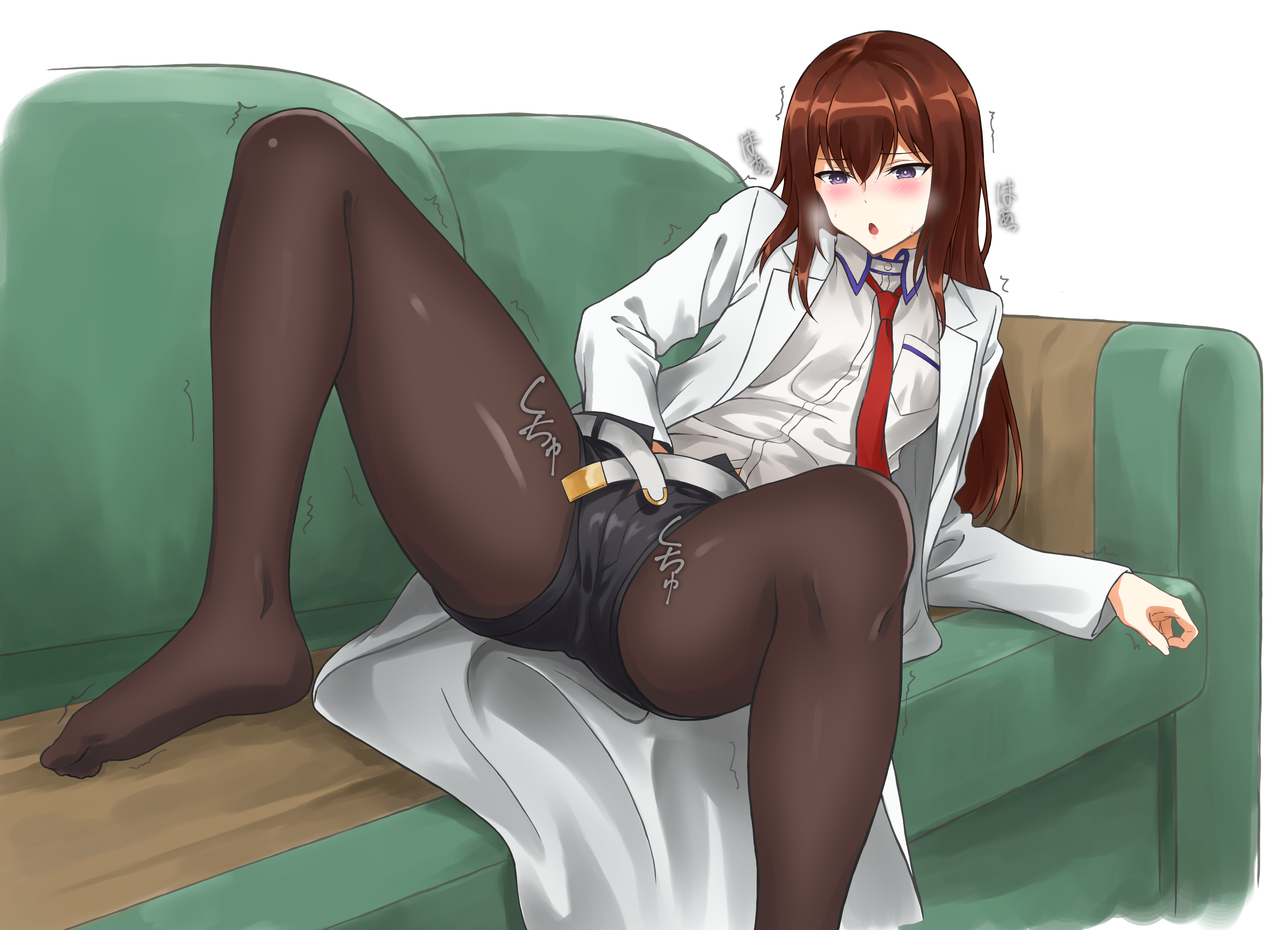 1girls, blush, female, female only, fully clothed, hand down pants, hi res, highres, labcoat, light skin, light-skinned female, long hair, lying on couch, makise kurisu, masturbation, momihige (mo3hig3), pantyhose, purple eyes, red hair, solo, spread legs, steins;gate, sweat, trembling, white background
