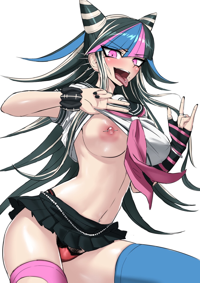 black hair, blue hair, blush, breasts, danganronpa, danganronpa 2, danganronpa 2: goodbye despair, female, mioda ibuki, nipples, open mouth, panties, pierced nipples, pink eyes, pink hair, pubic hair, punk, shirt pulled up, simple background, skirt, straight hair, thighs, tights, tongue, tongue out, white hair