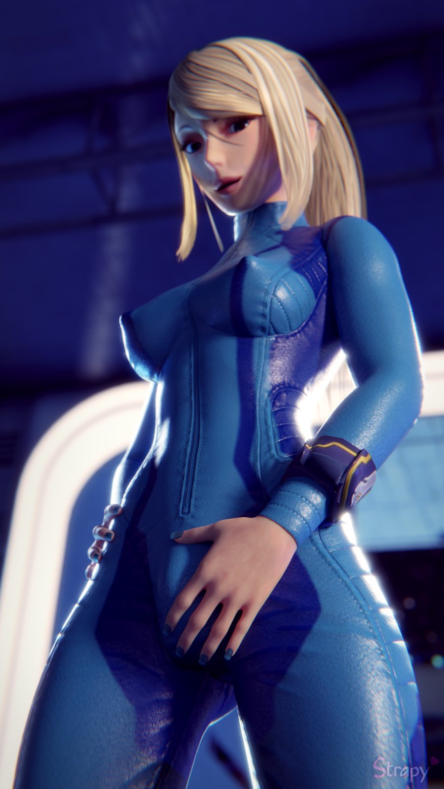 1futa, 3d, balls, balls in bodysuit, blender, blonde hair, bodysuit, breasts, bulge, cleavage, dickgirl, erect nipples, flaccid, futa only, futanari, intersex, looking at viewer, metroid, nail polish, nintendo, nipples, penis, penis in bodysuit, penis under clothes, samus aran, solo, solo futa, strapy, tight clothing, zero suit, zero suit samus
