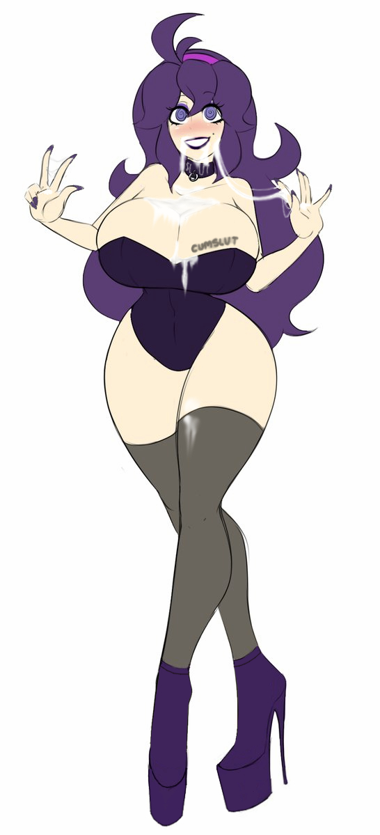 1girls, after oral, ahoge, alternate breast size, ass, belly, bimbo, blush, body writing, bodysuit, breasts, cleavage, clothed, clothes, collar, cum, cum in mouth, cum on breasts, cum on face, edit, eye contact, eyelashes, eyeshadow, facial, female, female only, hairband, heels, hex maniac, high heels, hourglass figure, huge ass, huge breasts, human, lipstick, long hair, looking at viewer, makeup, navel, nintendo, pokemon, pokemon xy, purple hair, purple lipstick, sealguy, sideboob, smile, solo, spiral eyes, standing, stockings, straight, teeth, thick thighs, thighhighs, thin waist, v, voluptuous, white background, wide hips