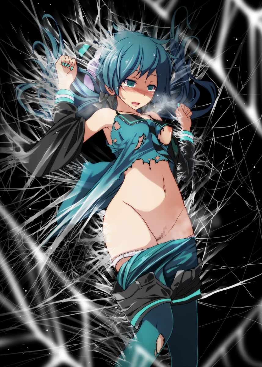 blue_hair blue_legwear blush breasts censored crying detached_sleeves female female hatsune_miku kunoichi_demo_koi_ga_shitai_(vocaloid) long_hair mosaic_censoring nail_polish navel nipples open_mouth pantyhose project_diva project_diva_(series) restrained shorts shorts_pull silk small_breasts solo tears torn_clothes torn_legwear tsukishiro_saika twintails vocaloid