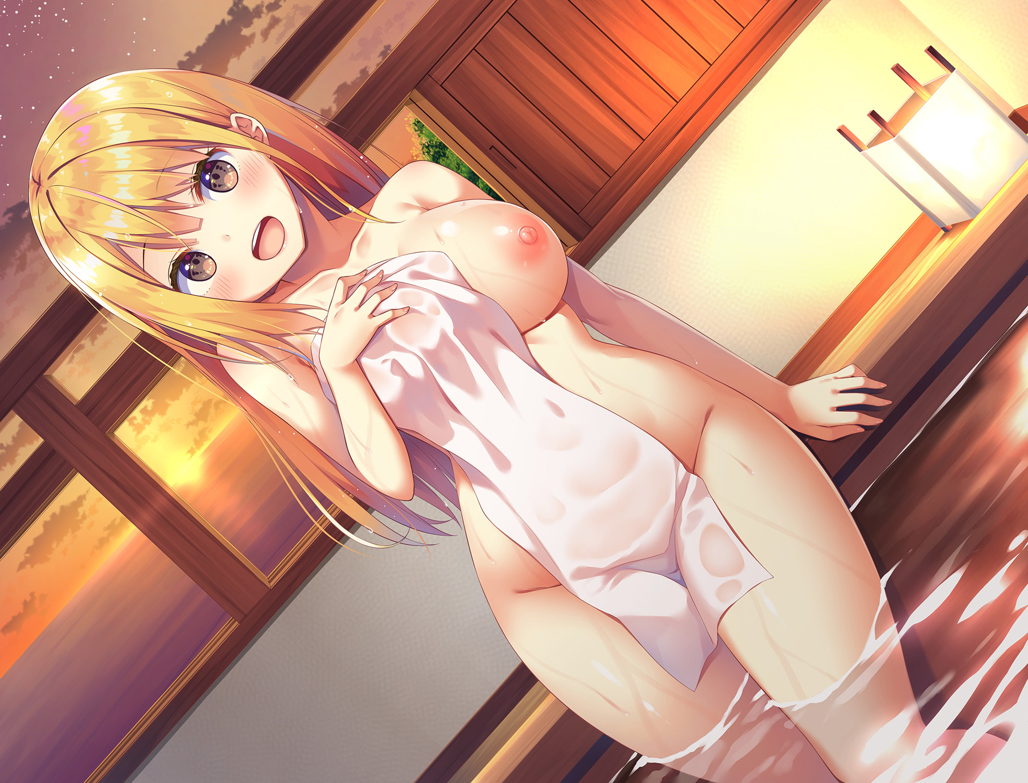arm support, asa no ha, bangs, bath, bathing, blonde hair, blush, breasts, brown eyes, cloud, cloudy sky, collarbone, convenient censoring, covering, evening, eyebrows visible through hair, female, highres, lamp, large breasts, long hair, looking at viewer, naked towel, nipples, nude, ocean, onsen, open mouth, original, outdoors, partially submerged, sky, smile, solo, standing, star (sky), starry sky, sun, sunlight, sunset, towel, twilight, water, wet, wet hair, white towel
