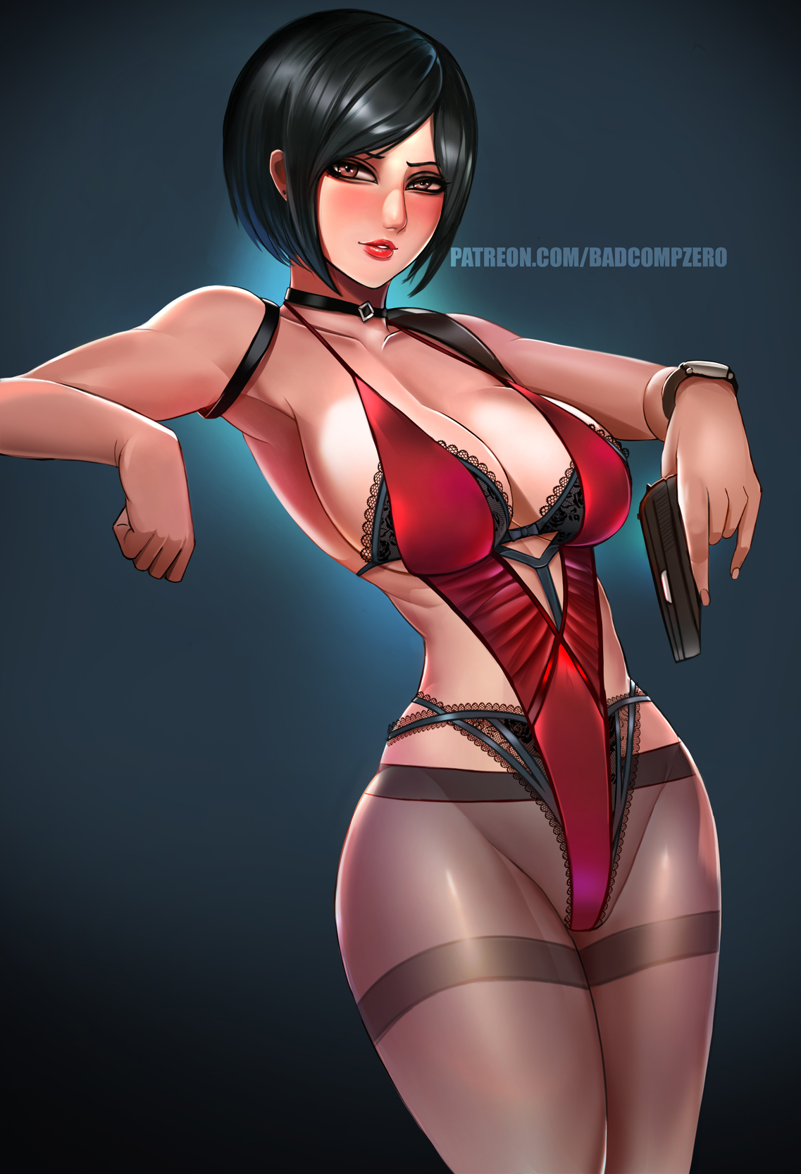 ada wong, ada wong (adriana), badcompzero, blush, breasts, cleavage, female, female only, lingerie, looking at viewer, panties, pantyhose, resident evil, resident evil 2, resident evil 2 remake, solo