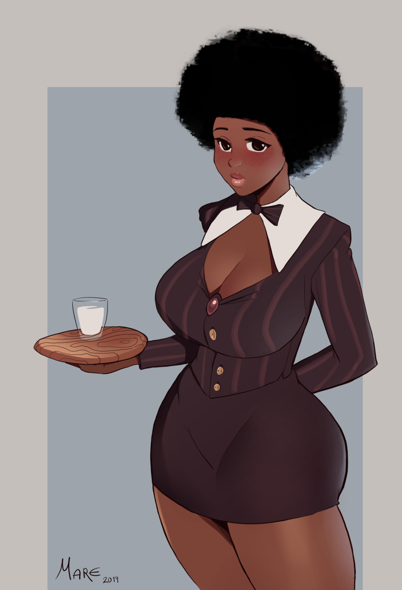 afro, arms behind back, artist name, artist signature, blush, bowtie, breasts, buttons, cleavage, cleavage cutout, dark skin, dark-skinned female, female, female only, formal wear, huge breasts, large breasts, mare ten, milk, miniskirt, pixiv, skin tight, skirt, solo, thick thighs, thighs, waitress, wide hips