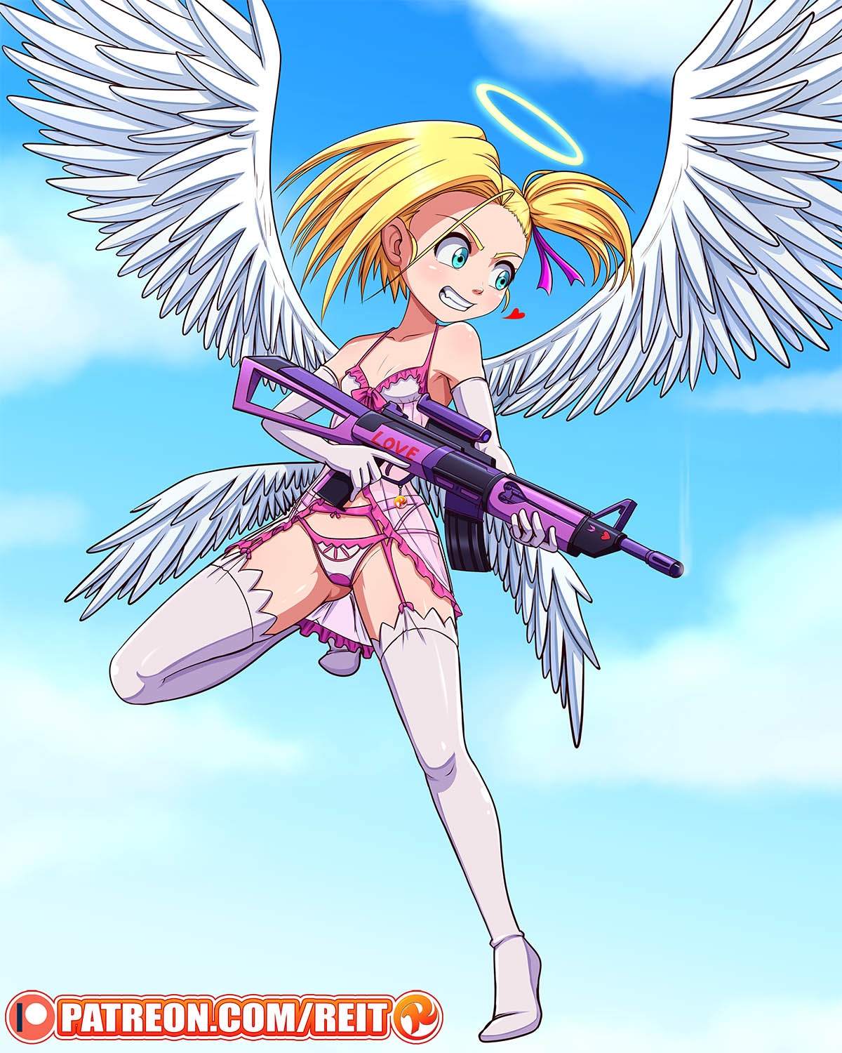 1girls angel angel_halo angel_wings angry armpits blonde_hair breasts clothes cupid feet female female_only flat_chest flying green_eyes grinning gun halo heart lingerie looking_away original_character outdoors patreon ponytail pose reit short_hair side_ponytail sky small_breasts smile teeth text thighhighs url watermark wings