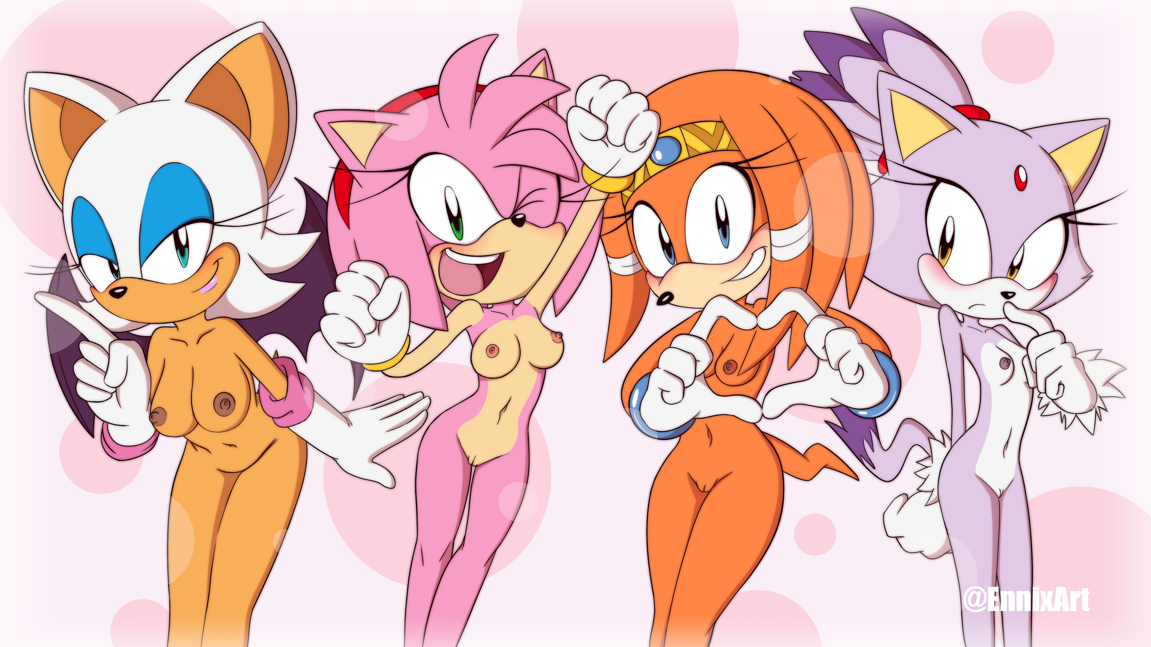 absurd res, amber eyes, amy rose, anthro, armwear, bandage, bat, bat wings, blaze the cat, blue eyes, blush, bracelet, breast size difference, breasts, chiropteran, clothing, countershade torso, countershading, crown, domestic cat, echidna, elbow gloves, ennix, eulipotyphlan, eyelashes, eyeshadow, felid, feline, felis, female, fist, forehead gem, fur, furry, gloves, green eyes, group, hairband, half-closed eyes, hand behind back, hand heart, happy, hedgehog, hi res, jewelry, lipstick, makeup, mammal, membranous wings, monotreme, multicolored fur, navel, nipples, nude, one eye closed, open mouth, open smile, orange body, orange fur, pattern background, pink body, pink fur, pointing, pose, purple body, purple fur, rouge the bat, sega, shy, simple background, skinny, small breasts, smile, sonic (series), sonic adventure, sonic the hedgehog (series), tail, tan body, teal eyes, tiara, tikal the echidna, two-tone fur, white body, white countershading, white fur, wings, wink