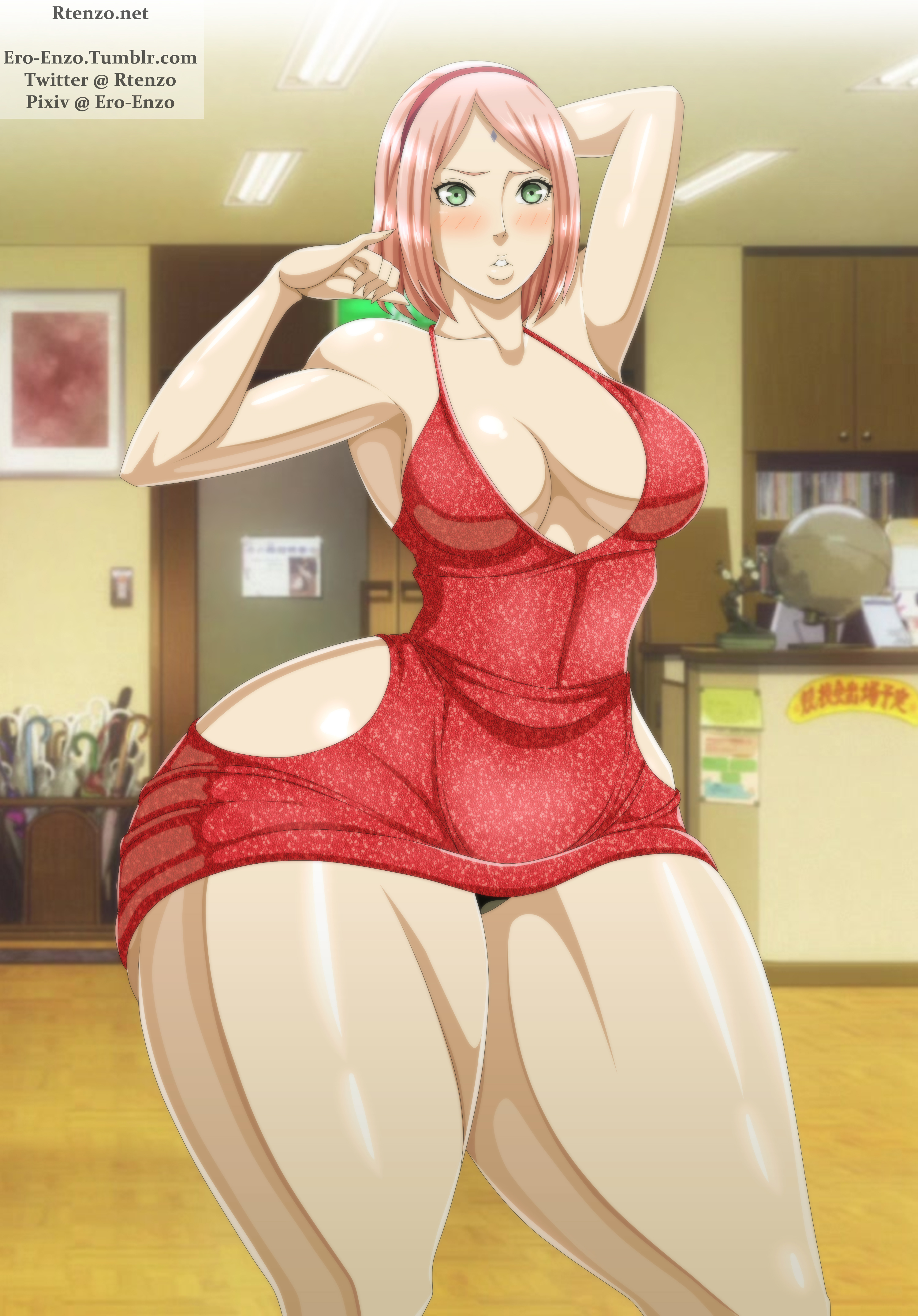 ass, big breasts, boruto: naruto next generations, bottom heavy, breasts, dress, ero-enzo, female, huge ass, naruto, naruto (series), sakura haruno, thick thighs