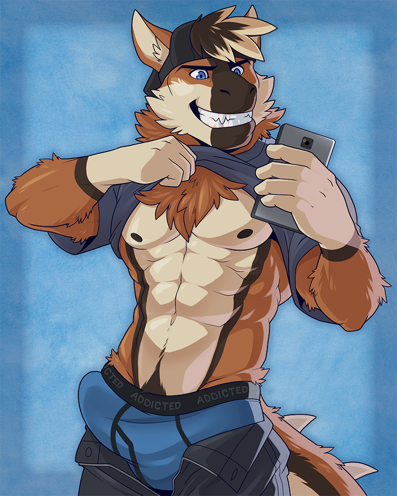 2016 abs aluminemsiren anthro backwards_baseball_cap baseball_cap biped black_fur blue_background blue_eyes blue_underwear brown_fur bulge canid canine canis cellphone chest_tuft clothed clothing clothing_lift dragon ear_tuft english_text erection fur gloves_(marking) grin hair hat holding_object hybrid inner_ear_fluff male male_only mammal markings multicolored_fur multicolored_tail muscular muscular_male navel nipples partially_clothed pecs penis_outline phone portrait reazu shirt shirt_lift short_hair simple_background smile solo standing t-shirt teeth text three-quarter_portrait tuft two_tone_fur underwear white_fur