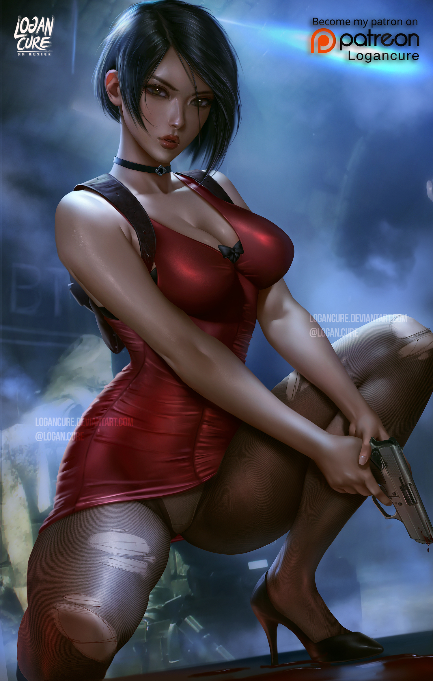 ada wong, ada wong (adriana), asian, breasts, capcom, cleavage, female, female only, high heels, logan cure, looking at viewer, panties, pantyhose, resident evil, resident evil 2, resident evil 2 remake, solo, solo female