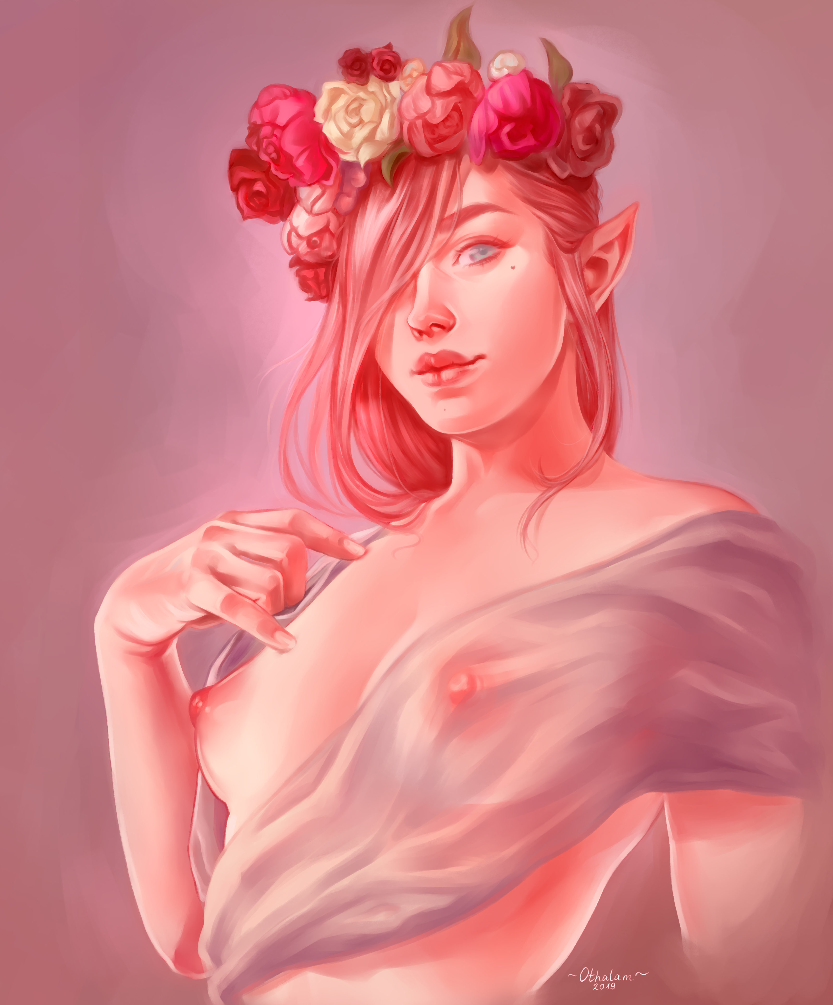 1girls, 2019, 2d, 2d (artwork), areolae, artist name, artist signature, blue eyes, breasts, elf, elf ears, elf female, elf girl, female, female only, flower, flower crown, flower in hair, hair covering eye, hi res, light skin, light-skinned female, looking at viewer, nipples, one breast out, original, original character, othalam, pink hair, pointy ears, see-through, slim waist, small breasts, solo, solo female, straight hair