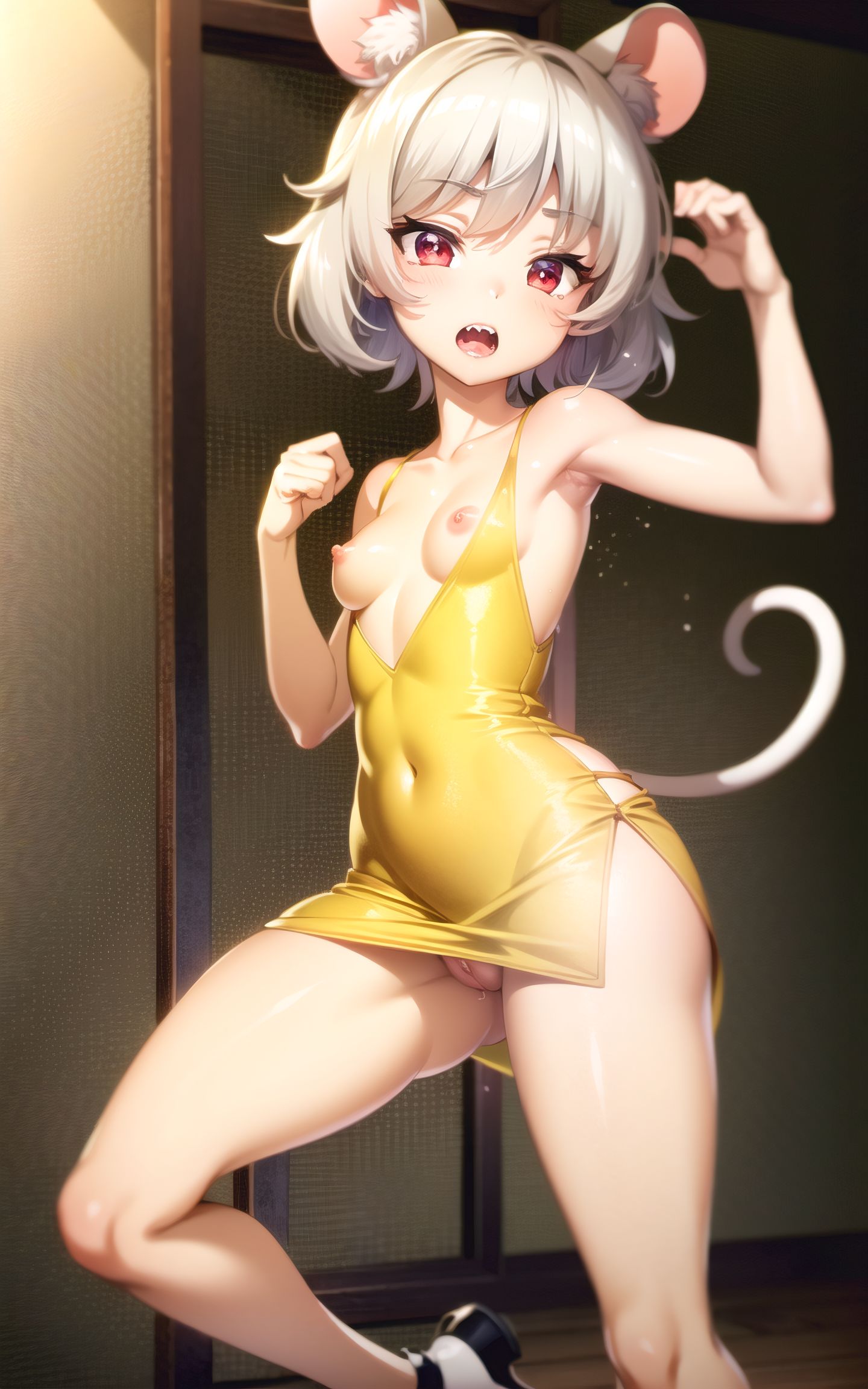 1girls, ai generated, animal ears, breasts, cameltoe, dress, erect nipples, female, female only, light skin, mouse, nazrin, nipple bulge, nipples, open mouth, pussy, red eyes, sharp teeth, shiny skin, shoes, short hair, skin tight, stable diffusion, tail, thick thighs, tight clothing, tight dress, tight fit, touhou, white hair
