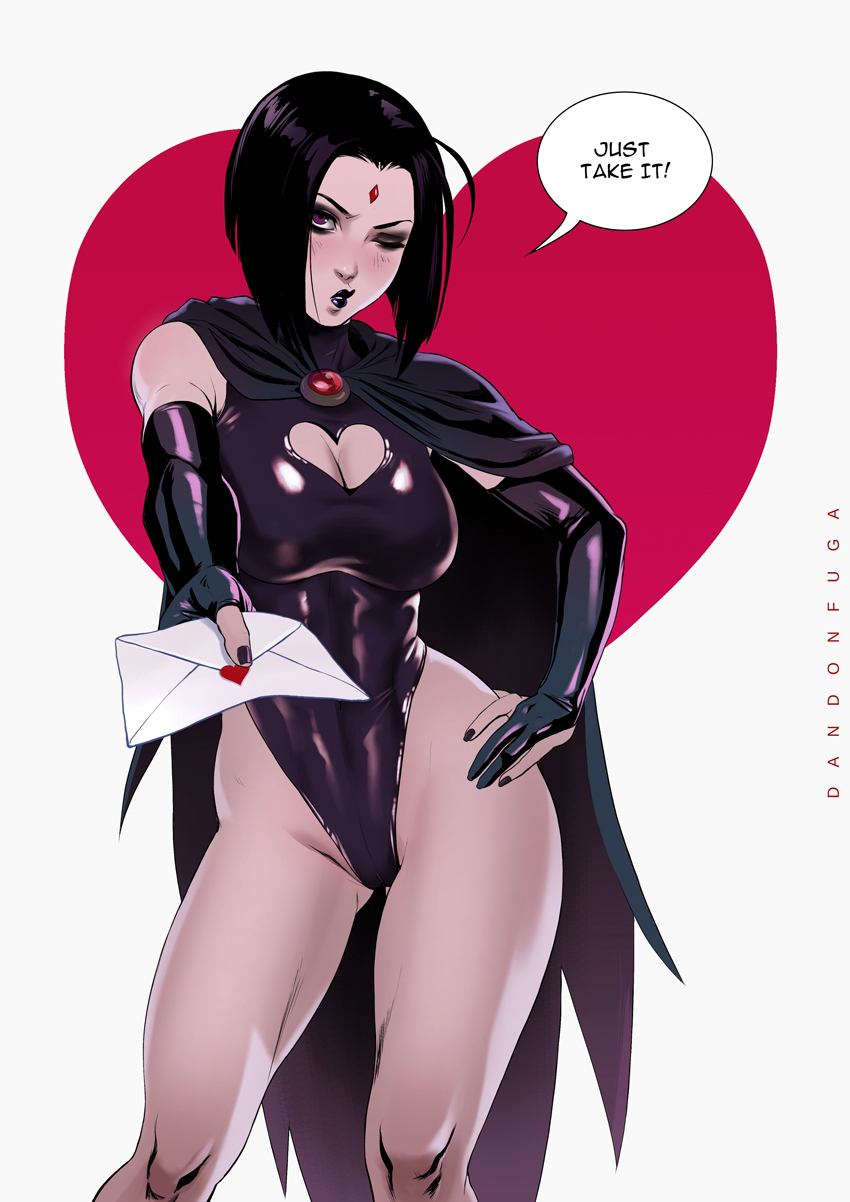 belt breasts cleavage cleavage_cutout clothing dandon_fuga dc dc_comics elbow_gloves female footwear heart_cutout incoming_letter leotard looking_at_viewer love_letter offscreen_character outerwear rachel_roth raven_(dc) solo speech_bubble straight_hair teen_titans text valentine's_day wholesome