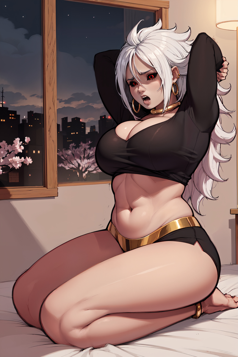 1girls ai_generated android_21 ankle_cuffs anklet arms_up bedroom black_clothing blush blushing bottomwear breasts building busty cherry_blossoms cleavage clothed clothes clothing cloud cloudy_sky collar crop_top cute dragon_ball dragon_ball_super dragon_ball_z ear_piercing fat_ass feet female flower full_body gold_anklet gold_collar gold_jewelry hair hair_between_eyes hands_behind_head hips huge_ass huge_boobs huge_breasts indoors jewelry kneeling lamp large_breasts legs lips long_hair love majin majin_android_21 midriff navel night night_sky on_bed open_mouth pink_body pink_skin pointy_ears preparation red_eyes room shrug_(clothing) sidelocks sitting sitting_on_bed smooth_skin soles solo stomach stretching teeth thick thick_legs thick_thighs thighs toes tongue topwear tree tummy villainess wall wavy_hair white_hair window