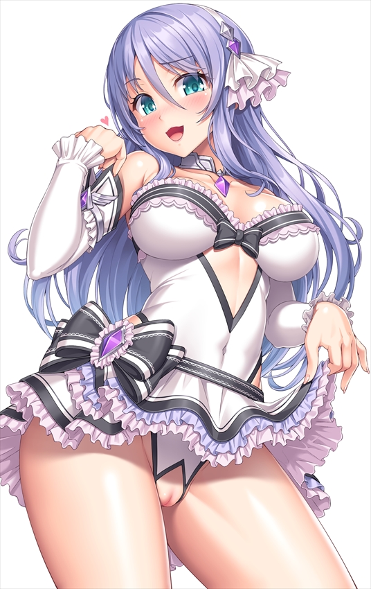 1girls amethyst_(gemstone) bangs bare_shoulders blue_eyes blush breasts choker cleavage collarbone contrapposto covered_navel crotch_cutout crotchless_leotard detached_sleeves eyebrows_visible_through_hair female frilled_skirt frilled_sleeves frills hair_ornament hand_up head_tilt innie_pussy lambda_(kusowarota) large_breasts leotard lifted_by_self long_hair looking_at_viewer open_mouth princess_connect! princess_connect!_re:dive purple_eyes purple_hair pussy ribbon shizuru_(princess_connect!) sidelocks skindentation skirt skirt_lift smile solo thighhighs uncensored vagina white_legwear white_leotard white_ribbon