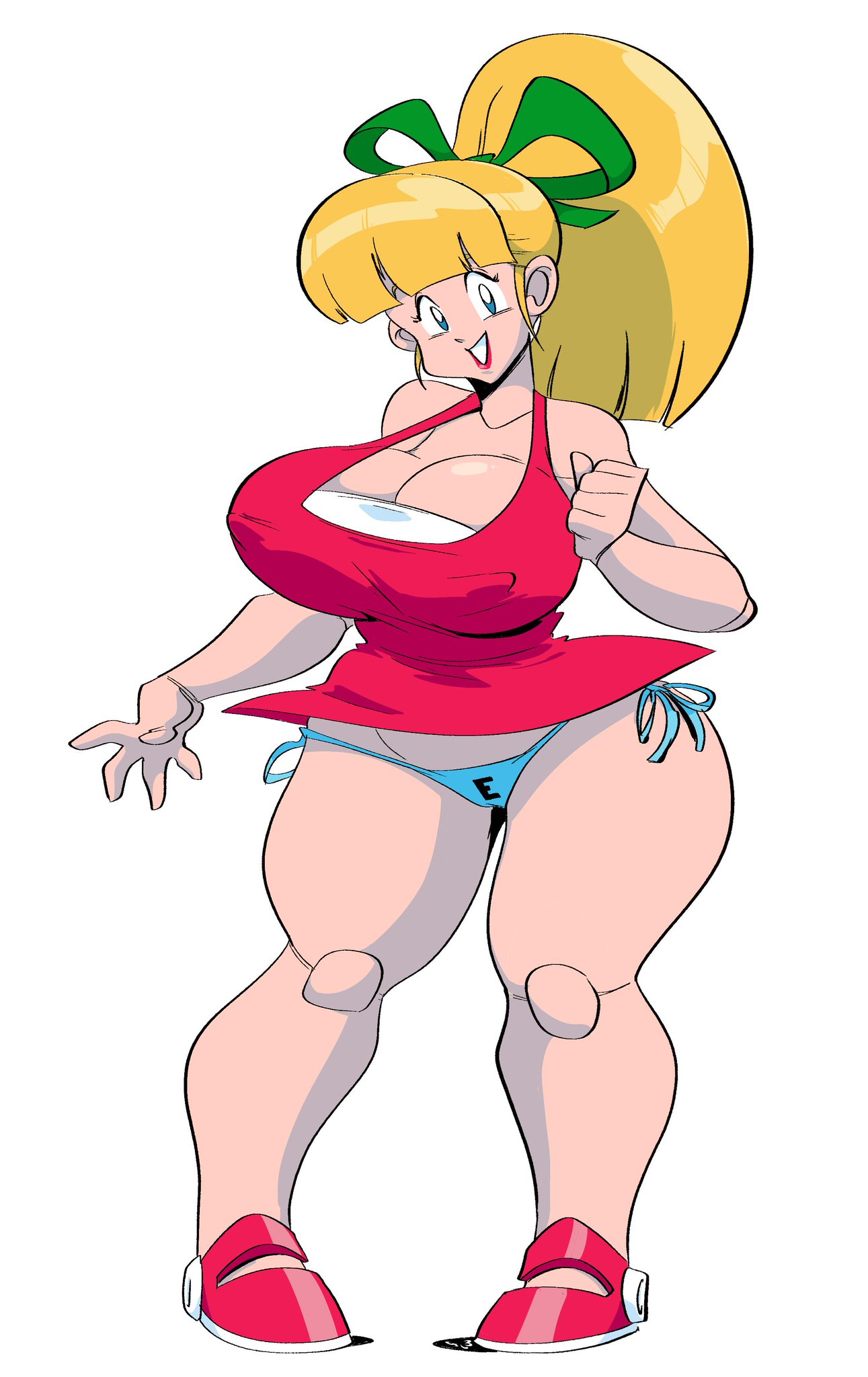 1girls, blonde hair, blue eyes, blue panties, bra, breasts, cleavage, closed mouth, clothed, female, green bow, huge breasts, humanoid, humanoid robot, joints, mega man, mega man (classic), nipples visible through clothing, no pants, panties, ponytail, red, red lipstick, robot, robot girl, robot joints, roll, slb, smile, solo, tank top, thick thighs, underwear, white bra