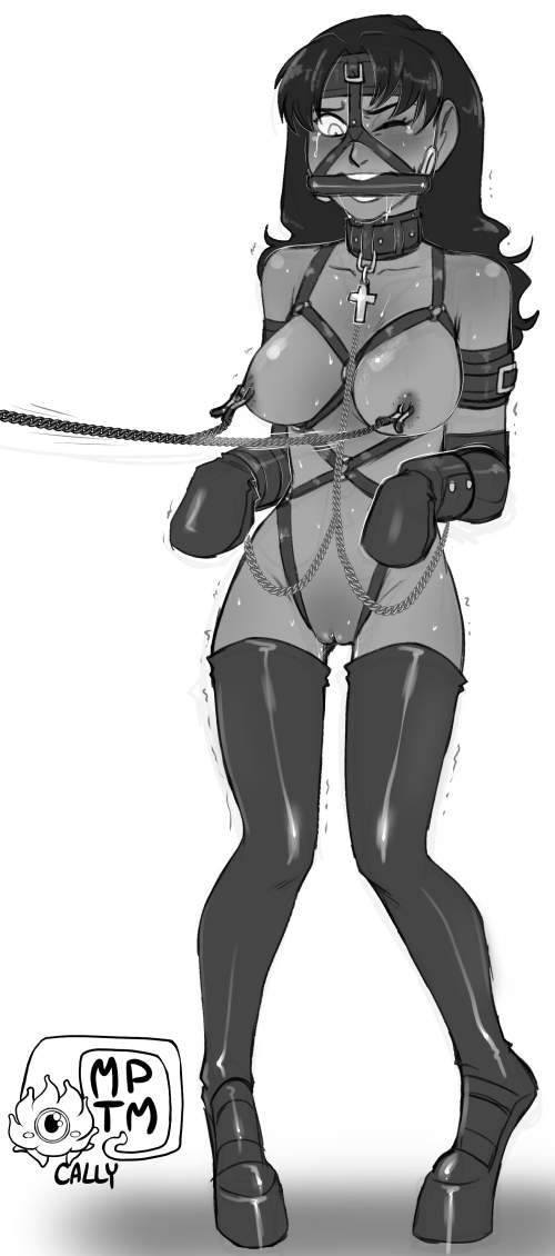 bdsm bit_gag bondage bondage_gear bondage_mittens chains collar cuffs drooling female female_only femsub gag gagged harness harness_bit_gag hoof_boots hoof_gloves large_breasts latex latex_thighhighs misato_katsuragi monochrome my_pet_tentacle_monster neon_genesis_evangelion nipple_piercing nipples petplay pierced_nipples piercing ponyplay pussy submissive_female tears trembling uncensored wrist_cuffs