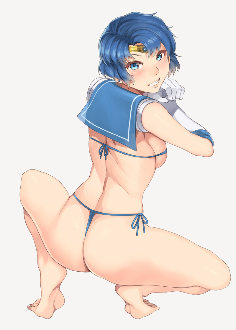 1girls, ahe gao, ami mizuno, ass, barefoot, bikini, bishoujo senshi sailor moon, blue eyes, blue hair, breasts, clenched teeth, female, female only, grin, huge ass, huge breasts, medium breasts, micro bikini, mizuryuu kei, naughty face, sailor mercury, seductive, seductive smile, short hair, side-tie bikini, simple background, smile, solo, squatting, swimsuit, thick thighs, thong