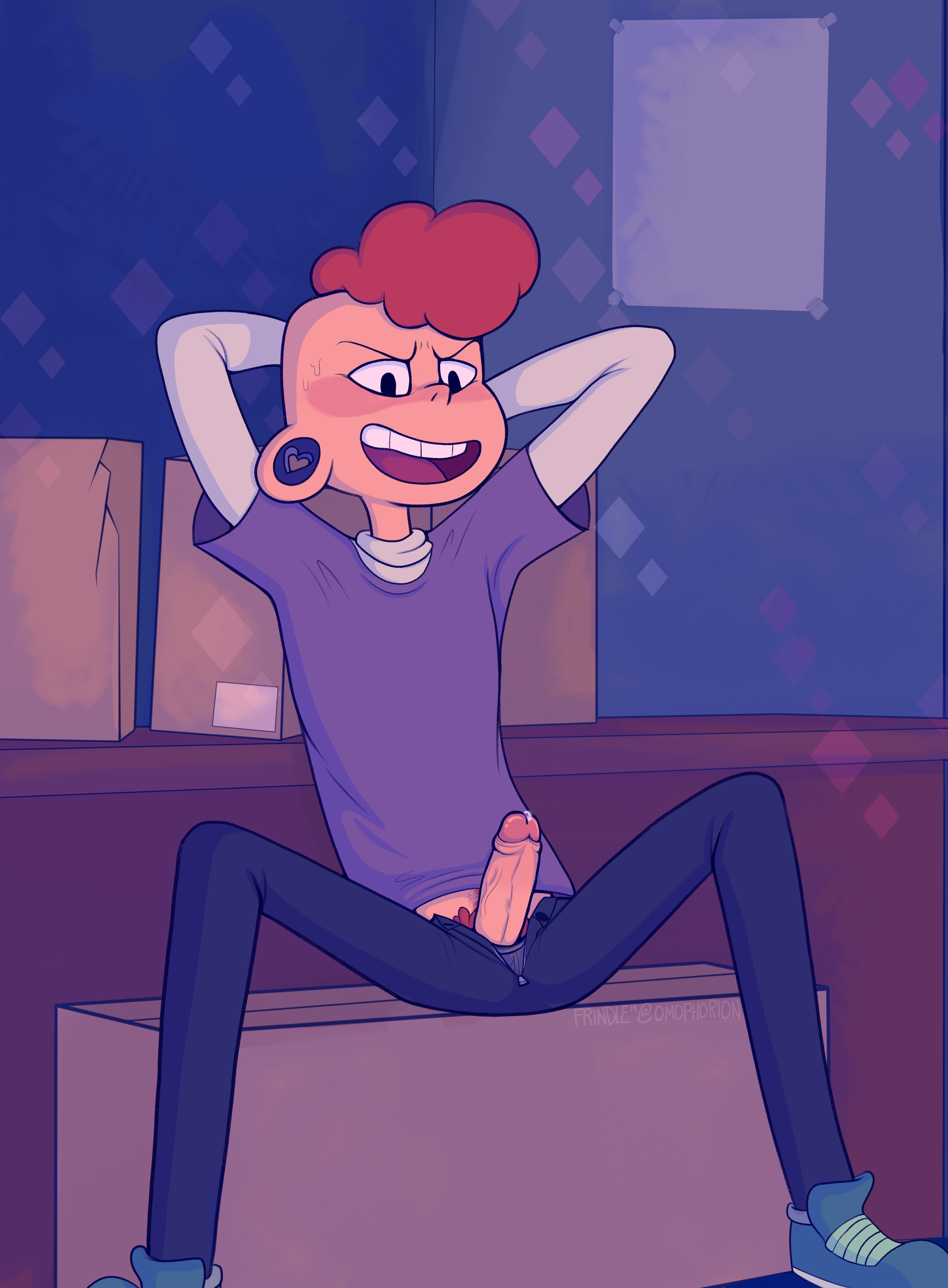 1boy, 2019, cartoon network, color, erection, foreskin, frindle, fully clothed, lars barriga, looking down, male, male focus, male only, masturbation, penis, precum, sitting, smile, solo, steven universe, uncircumcised
