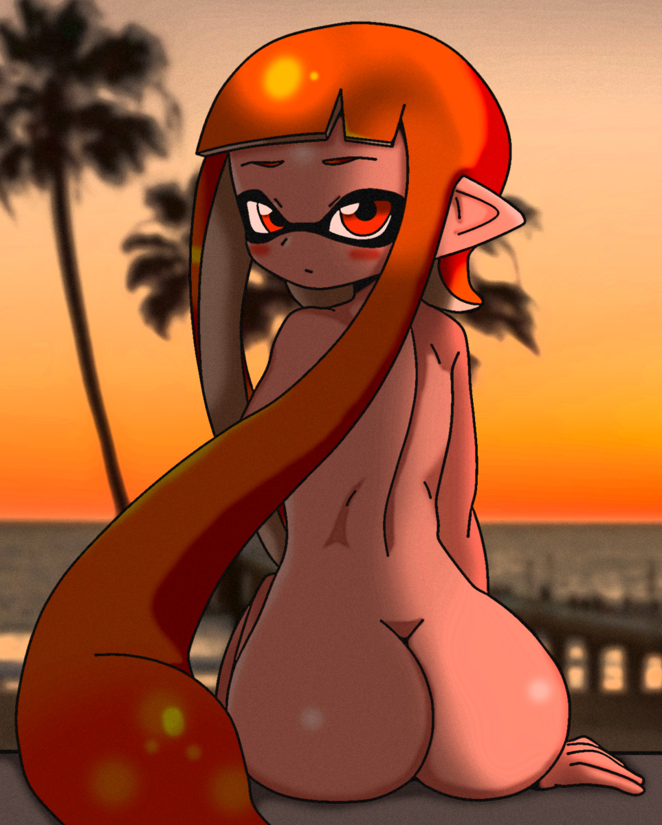 anthro, ass, blush, cephalopod, cephalopod humanoid, female, humanoid, inkling, inkling girl, kaori (splatoon), looking at viewer, looking back, mask (marking), nintendo, nude, orange eyes, orange hair, pointy ears, rokku-d, sitting, splatoon, squid, tentacle, tentacle hair