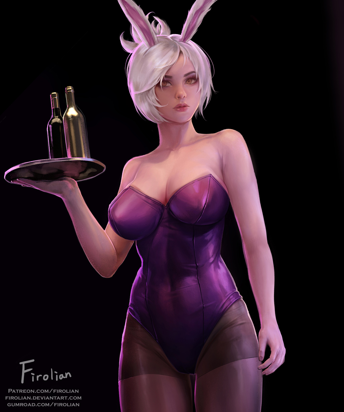 battle bunny riven, big breasts, breasts, bunny ears, bunny girl, bunnysuit, cleavage, female, female only, firolian, league of legends, looking at viewer, riven, simple background, solo, white hair