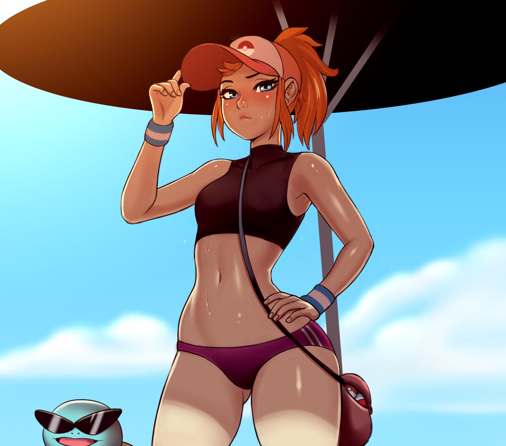 1girls ambiguous_gender bag bikini breasts cleavage female female_protagonist_(pokemon_go) hat looking_at_viewer menoziriath midriff nintendo panties pokemon pokemon_go pokemon_trainer pussy_bulge small_breasts solo_focus sports_bra squirtle sunglasses wide_hips