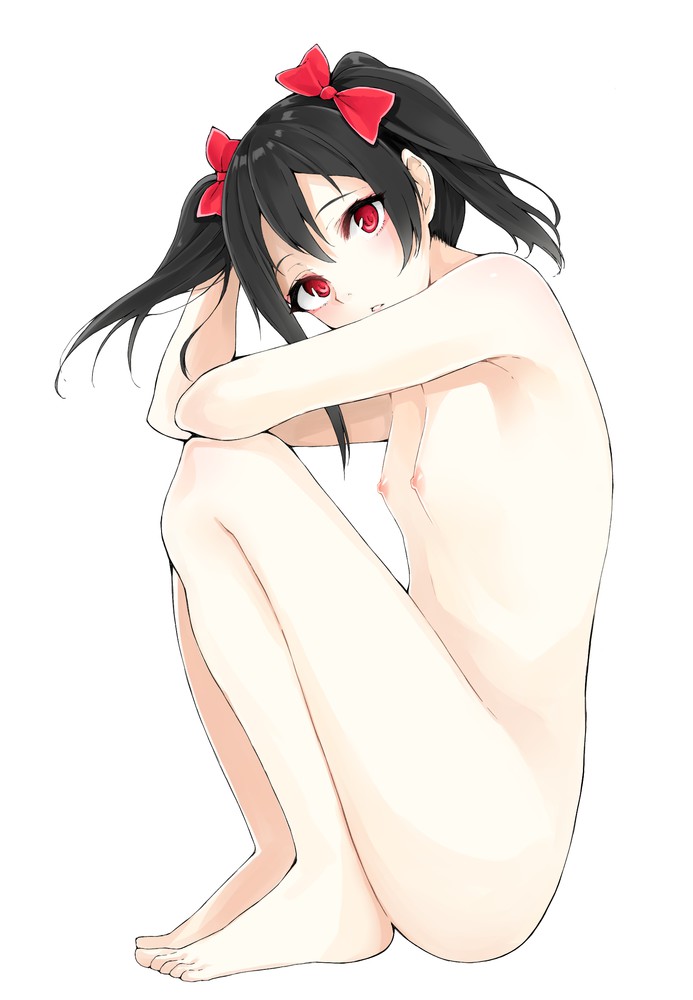 barefoot, black hair, blush, breasts, completely nude, feet, female, flat chest, full body, looking at viewer, love live!, love live! school idol project, nipples, nude, parted lips, pettanko, red eyes, small breasts, solo, twintails, yazawa nico