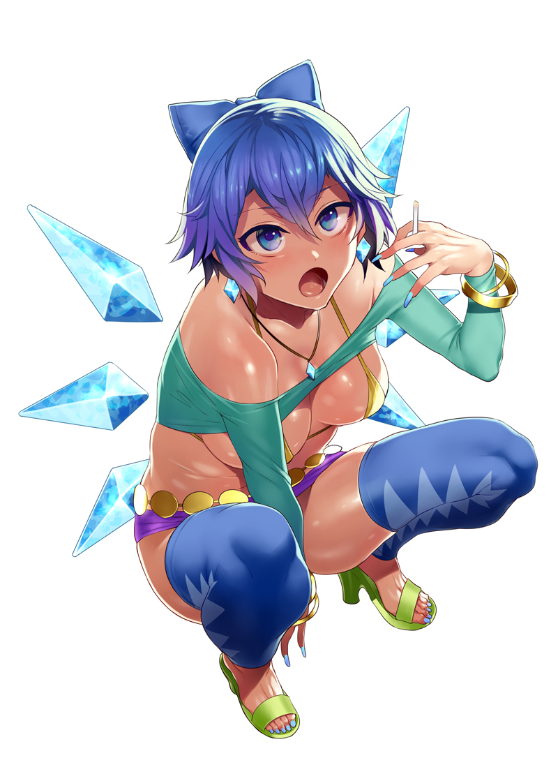 1girls, bare shoulders, bikini top, blue eyes, blue hair, breasts, cirno, earrings, female, female only, heels, high heels, jewelry, microskirt, mizuryuu kei, short hair, skimpy, skindentation, solo, squatting, thighhighs, touhou