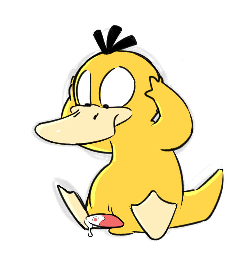 10s 2019 animal_genitalia animal_penis avian bird cum duck feral feral_only holding_head ishoka male male_only nintendo penis pokemon pokemon_(species) psyduck simple_background solo video_games white_background