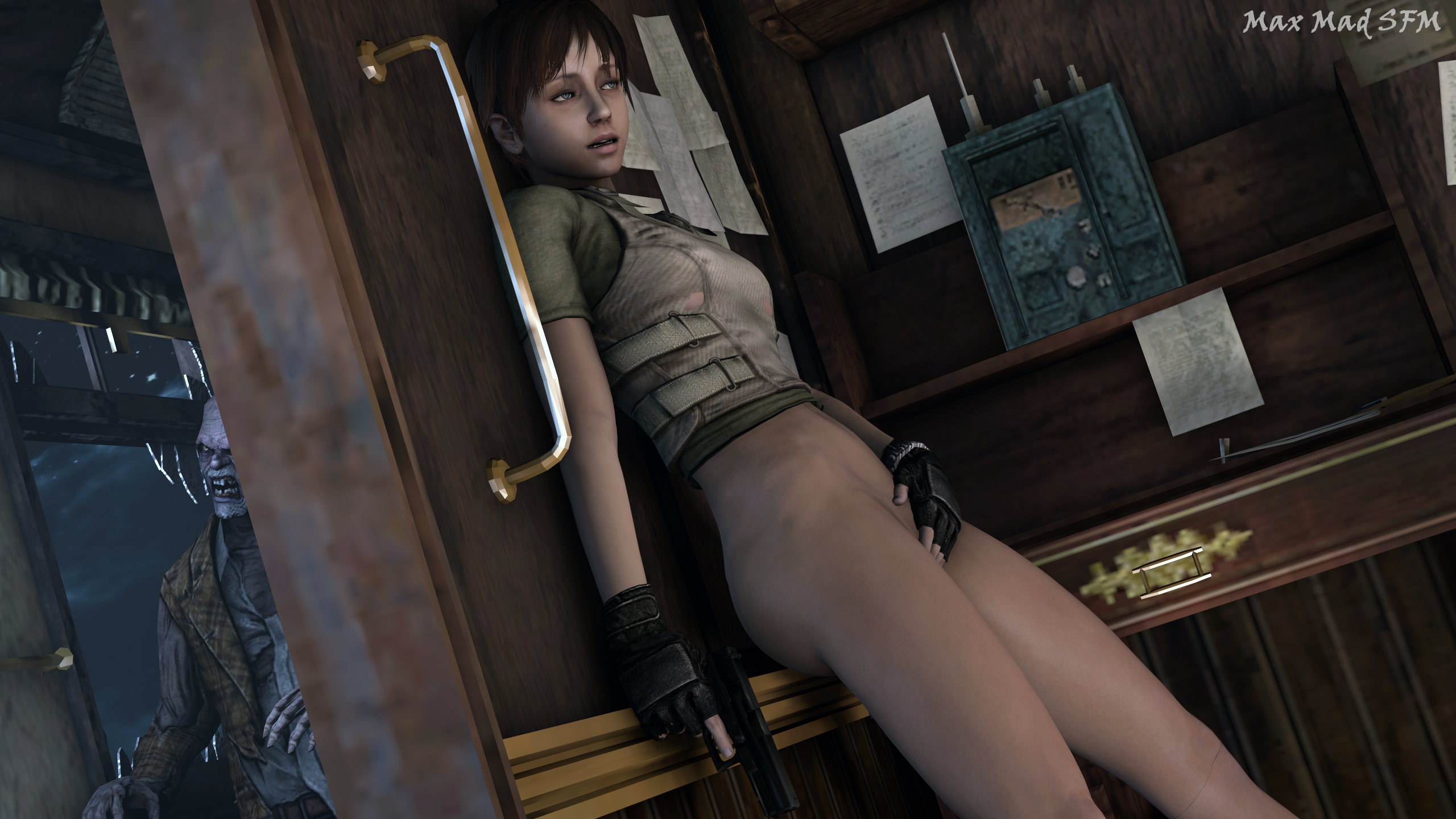 1boy, 3d, armor, ass, blue eyes, bottomless, brown hair, choker, clothed masturbation, clothing, female, firearm, gloves, gun, handgun, handwear, human, male, masturbation, maxmadsfm, multitasking, necklace, neckwear, partially clothed, pistol, rebecca chambers, resident evil, standing masturbation, stealth, stealth masturbation, topwear, train, vest, weapon, zombie