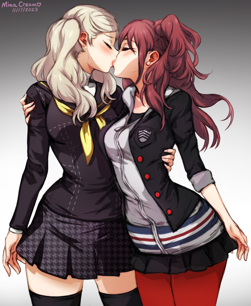 2girls, alternate version available, ann takamaki, ann takamaki (cosplay), blonde hair, blush, blushing, breasts, breasts pressed together, brown hair, clothes swap, clothing, cosplay, costume switch, eyes closed, female, female only, fully clothed, hug, human, jacket, kissing, kujikawa rise, kujikawa rise (cosplay), leggings, lesbian, lesbian kiss, long hair, lovers arcana, megami tensei, minacream, miniskirt, multiple girls, outfit swap, pale skin, persona, persona 4, persona 4 the golden, persona 5, persona 5 royal, red pantyhose, school uniform, sfw, skirt, thick thighs, thighhighs, twintails, yuri