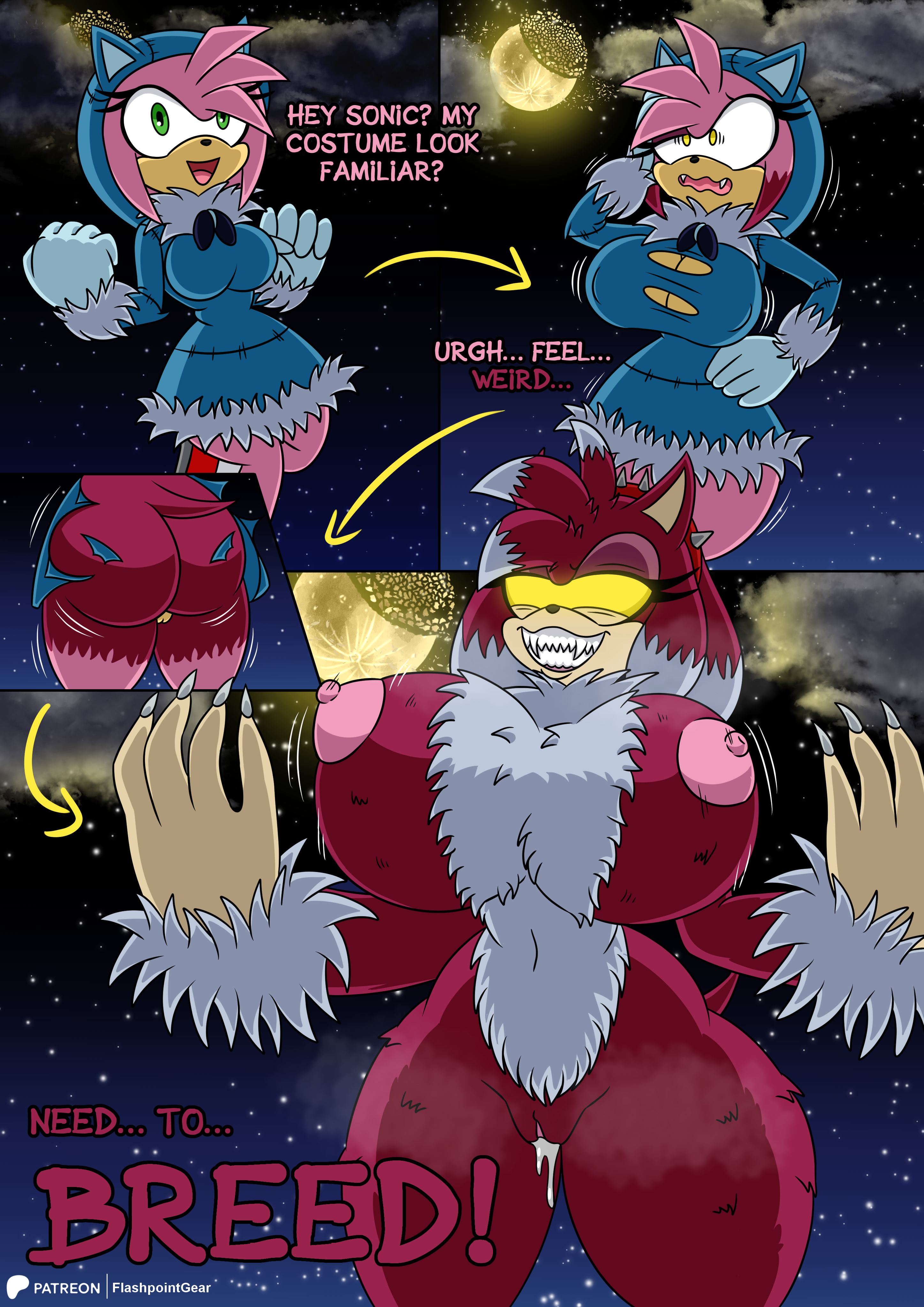 amy rose, amy rose the werehog, big ass, big breasts, bimbo, breast expansion, breasts, english text, female, flashpointgear, furry female, halloween, muscular, muscular bimbo, patreon logo, patreon username, sonic (series), sonic the hedgehog (series), text, transformation, werehog