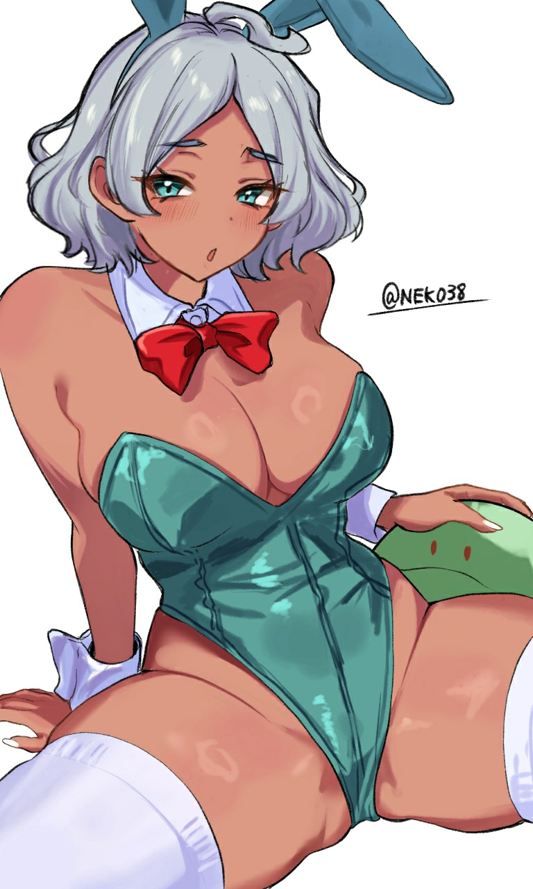 1girls, ahoge, animal ears, artist request, blush, bow, bowtie, breasts, cleavage, dark skin, dark-skinned female, detached collar, female, fluffy hair, green eyes, green leotard, gundam, gundam suisei no majo, haro, highres, large breasts, leotard, nekomiya mizuki, open mouth, playboy bunny, rabbit ears, red bow, red bowtie, secelia dote, shiny skin, spread legs, thick thighs, thighhighs, thighs, white hair, white nails, white thighhighs, wrist cuffs