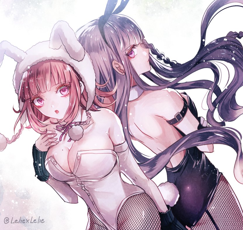 :o, 2girls, alternative costume, animal costume, animal ears, arms under breasts, artist name, bangs, bare shoulders, braid, breasts, brown hair, bunny costume, bunny ears, bunny girl, bunny tail, bunnysuit, cleavage, collar, danganronpa, danganronpa (series), danganronpa 2: goodbye despair, danganronpa: trigger happy havoc, detached collar, detached sleeves, eyebrows visible through hair, fake animal ears, female, female only, from behind, hair ornament, kirigiri kyoko, large breasts, leotard, light brown hair, long hair, looking at viewer, looking back, mole, mole on breast, multiple females, multiple girls, nanami chiaki, open mouth, pantyhose, pink eyes, pink hair, purple eyes, purple hair, short hair, short sleeves, side braid, single braid, sleeveless, straight hair, tail, tied hair, white collar, z-epto (chat-noir86)