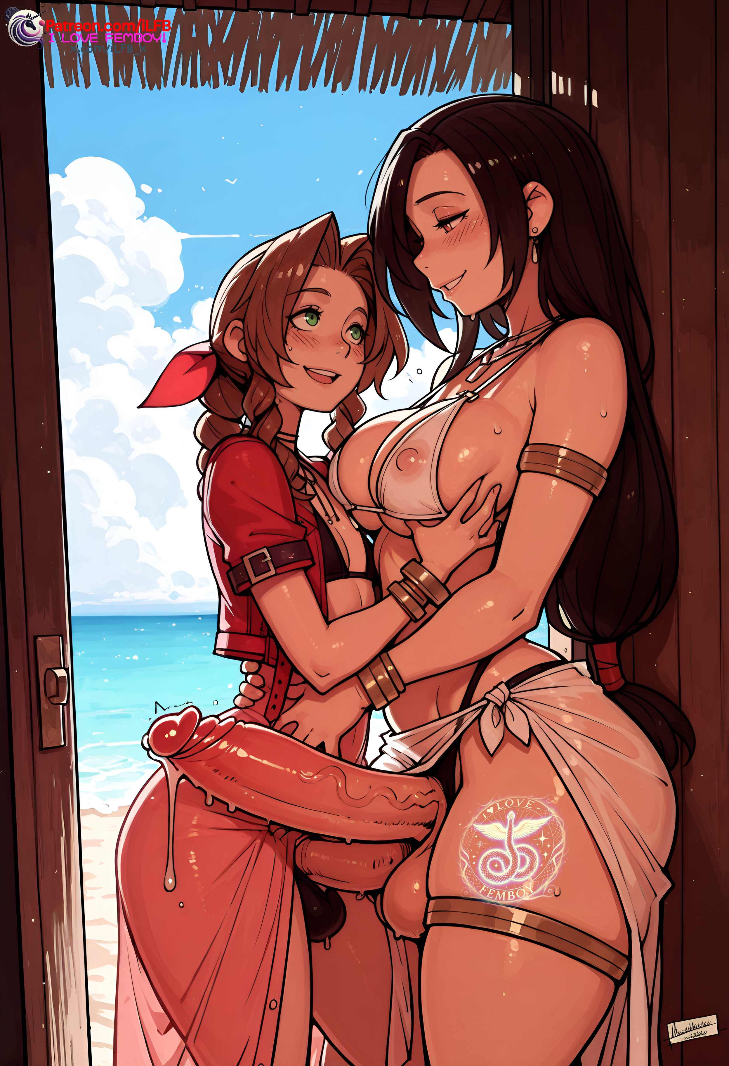 1boy, 1futa, aerith gainsborough, ai generated, balls, beach, beach towel, big breasts, bikini, bikini top, bra, breasts, brown eyes, bulge, choker, dickgirl, ear piercing, earrings, female, femboy, final fantasy, final fantasy vii, final fantasy vii remake, flat chest, futa, futa focus, futanari, gay, genderswap, genderswap (ftm), green eyes, hair, hair ornament, half-closed eyes, high resolution, highres, huge breasts, intersex, large breasts, looking at another, looking at partner, looking away, looking down, looking pleasured, looking up, male, male aerith, more at source, original, otoko no ko, panties, rule 63, rule63, sissy, standing, sweating, testicles, tifa lockhart, trap
