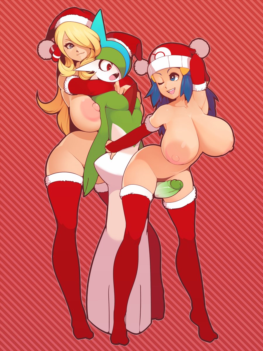 1boy 2girls armwear between_breasts big_breasts blonde_hair blue_eyes blue_hair breasts christmas clothing cynthia_(pokemon) dawn_(pokemon) elbow_gloves erection female femdom ffm_threesome full_body gallade gloves hair hat holidays human human_on_humanoid humanoid interspecies legwear male mammal nervous nintendo nipples no_shoes one_eye_closed open_mouth outercourse penis perky_breasts plantpenetrator poképhilia pokemon pokemon_(species) pokemon_dppt pokephilia pom_hat red_eyes red_legwear red_thighhighs santa_hat smile stockings straight thigh_sex uncensored video_games wink