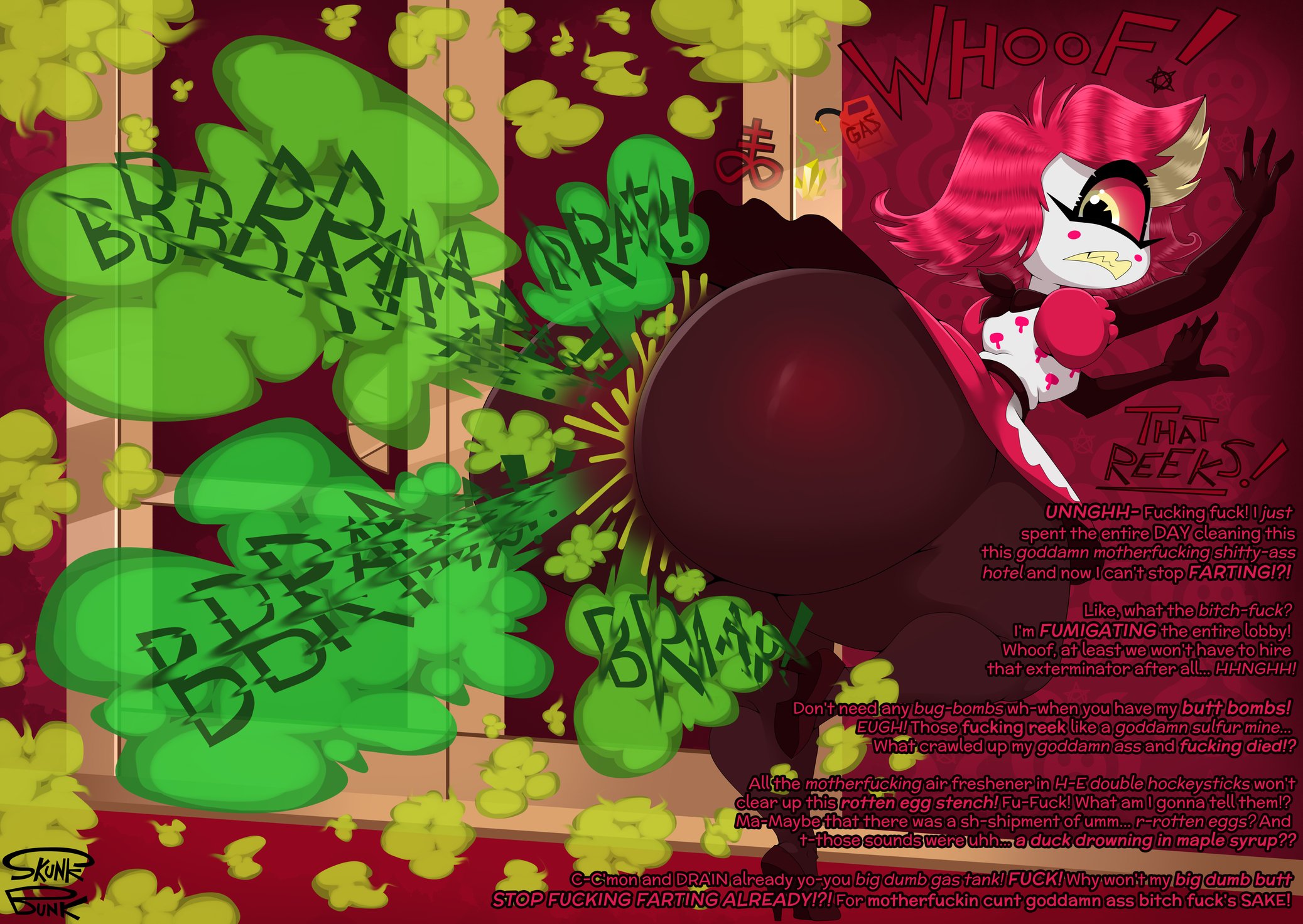 2d, ass, big ass, big butt, clothing, demon, dress, english text, fart, fart cloud, fart fetish, farting, fat ass, fat butt, female, female fart, female farting, fully clothed, hazbin hotel, huge ass, huge butt, lifting leg, looking back, niffty, no genitals, no sex, raising leg, skunk bunk, solo, solo female, tagme, talking to self, text, thick thighs, vivziepop