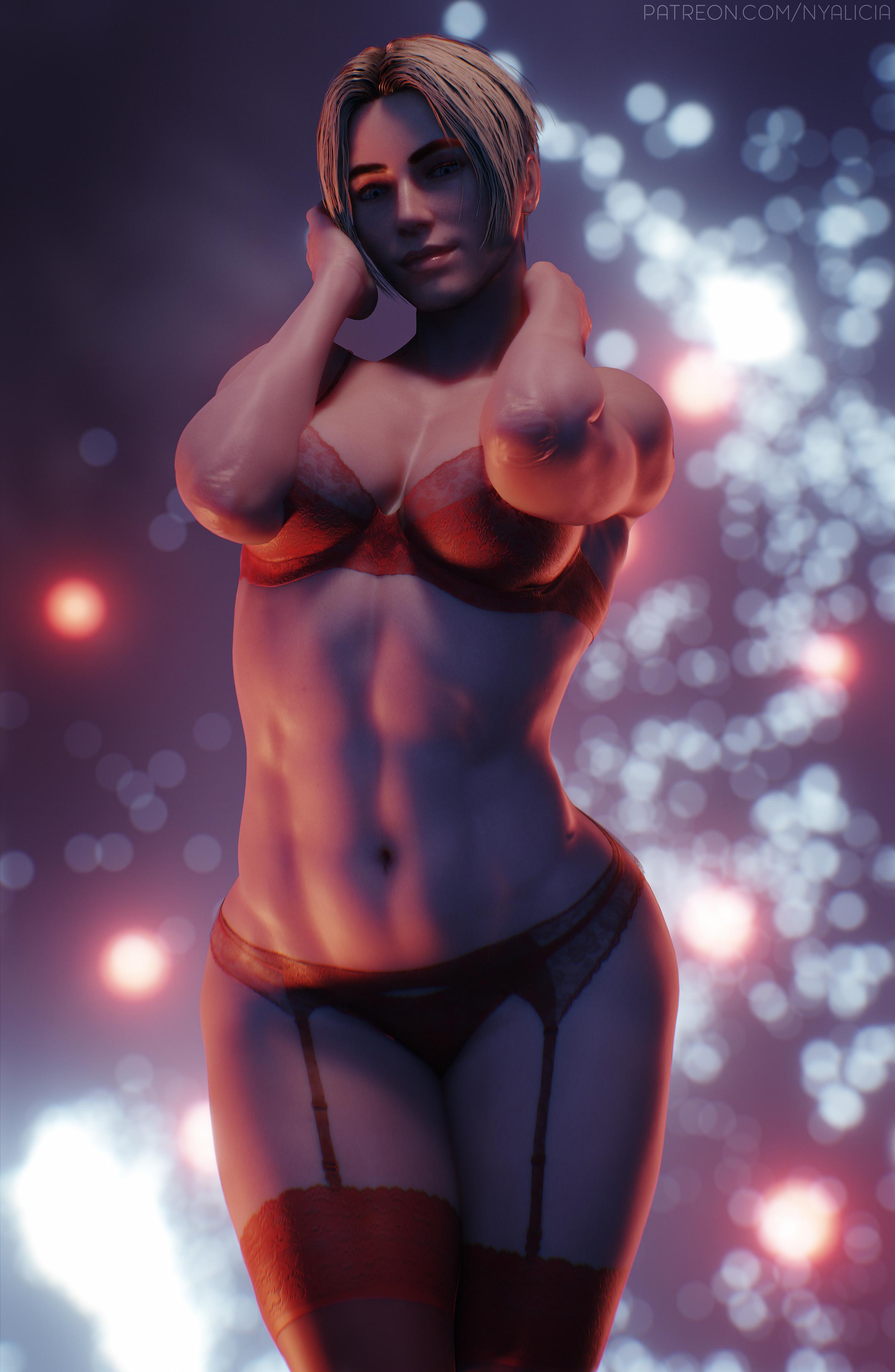 1girls, 2019, 3d, 3d (artwork), abs, artist name, blonde hair, blue eyes, blurry background, bra, breasts, cleavage, dead source, female, female only, fit, fit female, garter belt, german, german female, human, human only, iq (rainbow six), lingerie, looking at viewer, muscles, muscular, muscular female, nyalicia, panties, patreon, questionable, rainbow six, rainbow six siege, red lingerie, red stockings, smile, smiling at viewer, solo, solo female, stockings, thighhighs, tom clancy, toned, toned female